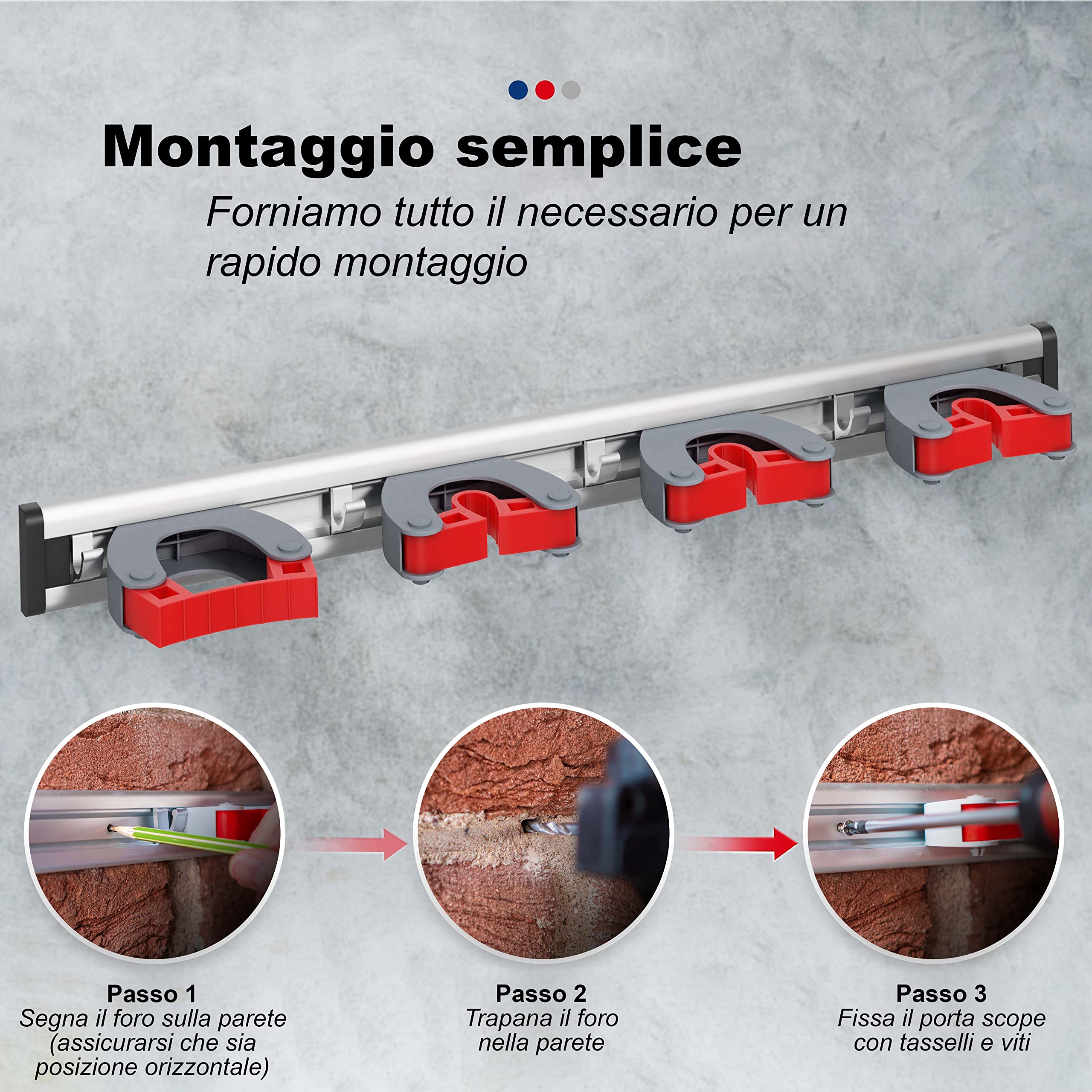 ECENCE 4 Pezzi Porta Scope Parete Adesivo - Portascope da Muro utensili adesivi con ganci - Supporto a muro per cucina, ripostiglio, bagno - Nero