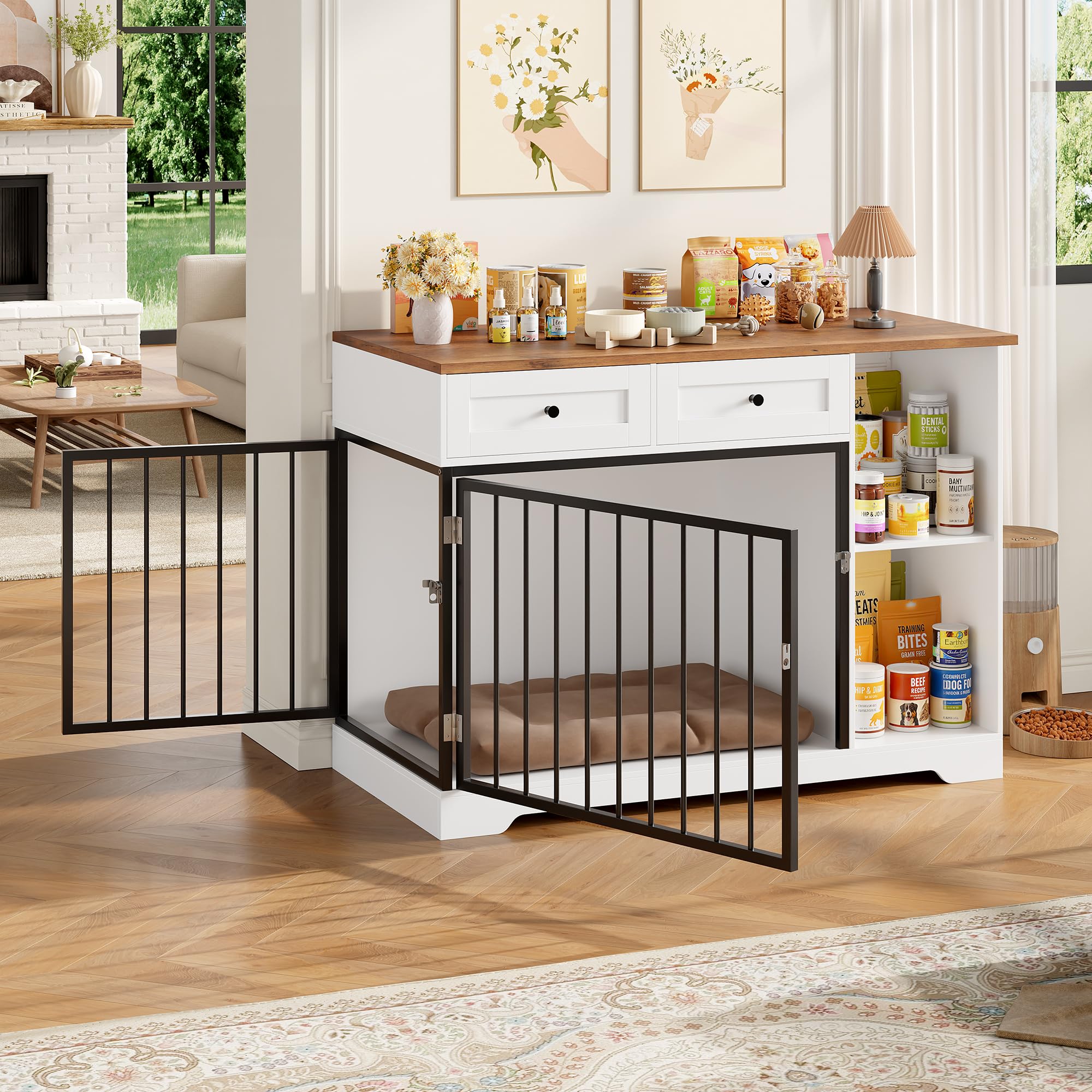 FirFurd 120cm Gabbia per Cani con 2 Porte, Kennel Cane Medio con 2 Cassetti e 2 Scomparti Aperti, Cuccia in Stile Mobili con Stoccaggio in Metallo e Legno, 120x60x87 cm (Bianco+Marrone)