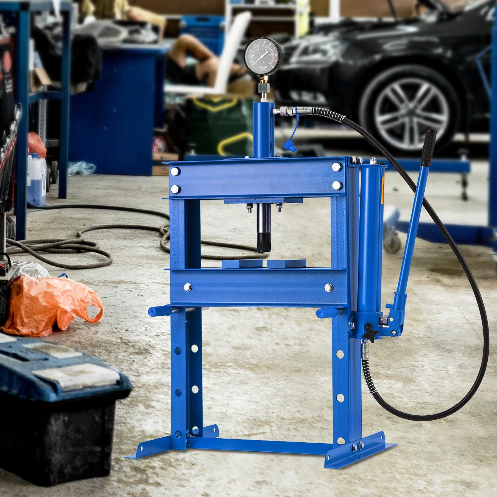 garvee hydraulic press 10 ton, hydraulic shop press, h frame hydraulic press with 2 press plates, garage floor shop press, adjustable work table height, heavy duty press, blue
