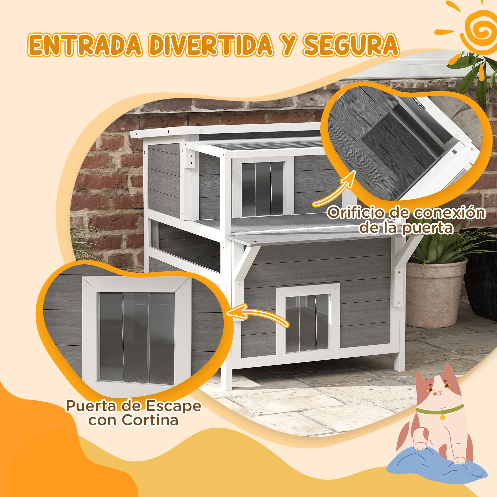 PawHut Casa para Gatos de 2 Niveles de Madera 64x87x76 cm con Techo Asfáltico, Ventana y Puerta con Cortina para Interior y Exterior Gris Claro