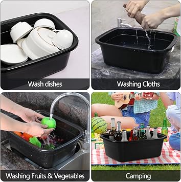 Zopnny 18 Quart Large Plastic Dishpan, 2 Pack Rectangular Plastic Wash Basins, Black, F