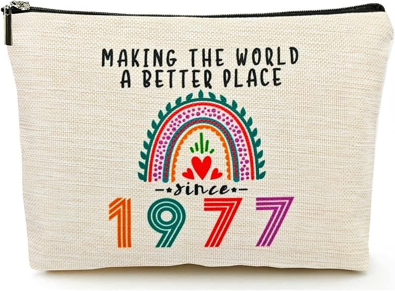 Necessaire de maquiagem Suemetic com estampa 1977, linho, zíper e revestimento impermeável