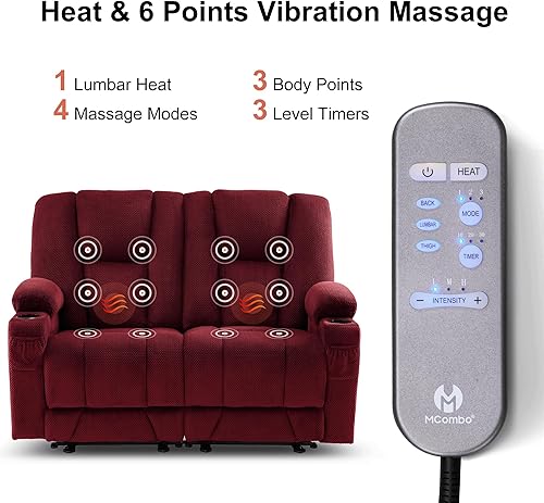 Miniatura 5 de MCombo Sofá reclinable eléctrico con calor y masaje, puertos USB, portavasos, sofá reclinable doble de 3 asientos con consola para sala de estar