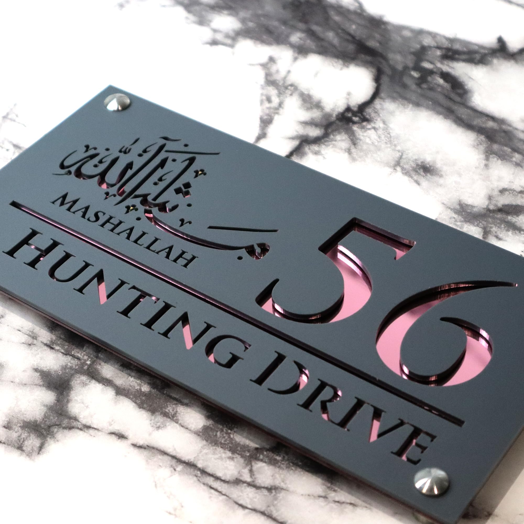 K SMART SIGN | Mashallah Luxe H1 | House sign door number Ma Sha Allah laser personalised address wall plaques numbers Signs Ma Shaa Allah and Masha Allah (Grey & Rose Gold Mirror)