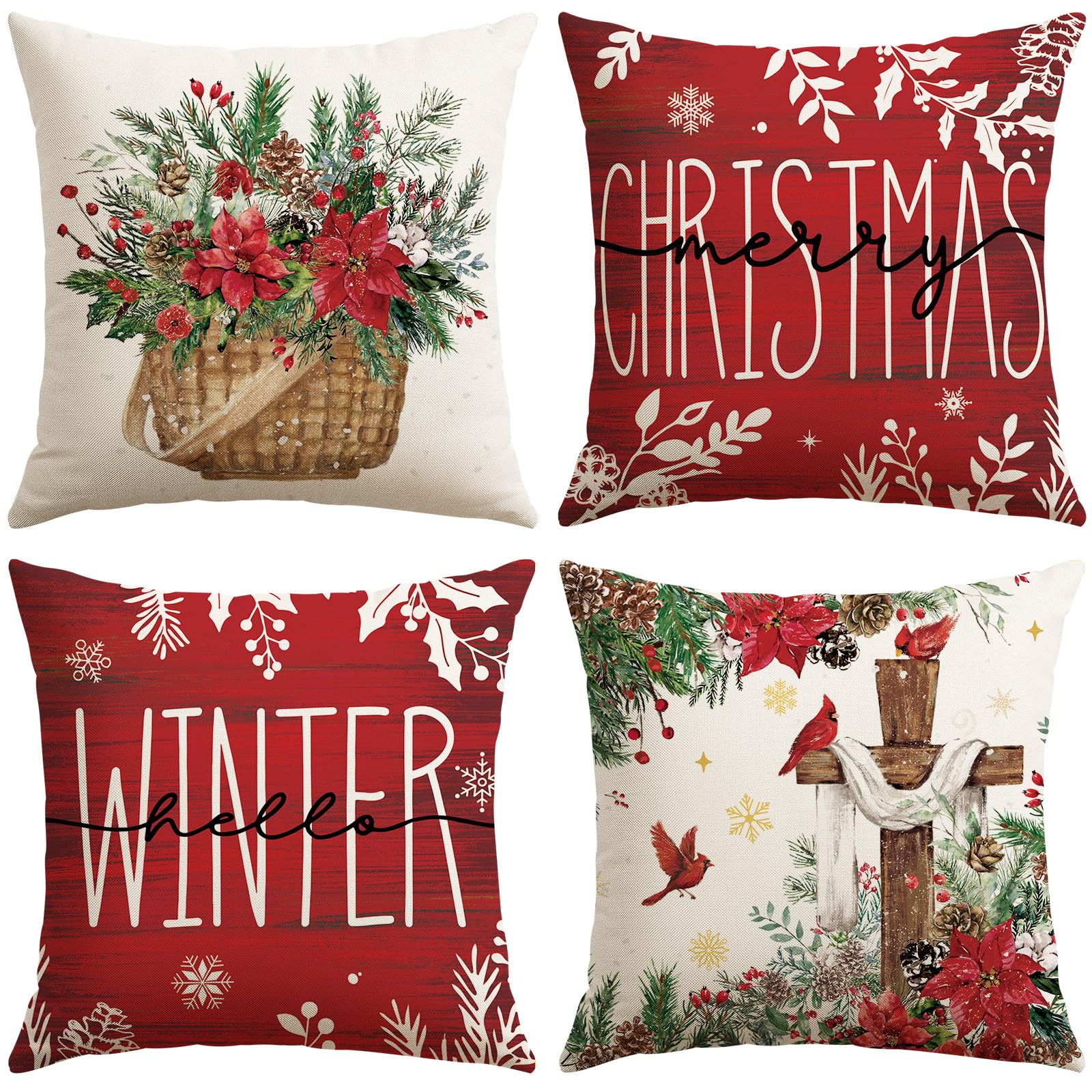 Sungeek Christmas Cushion Covers 45x45 cm Set of 4, Merry Christmas Cardinal Xmas Decorative Pillow Covers Seasonal Hello Winter Holiday Farmhouse Throw Pillow Cases for Sofa Bed Couch, Red
