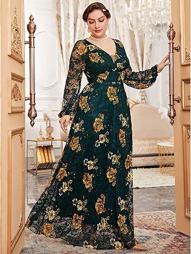 Vista 5 de TOLEEN Vestido de talla grande para mujer, con cuello en V, bordado de rosa, elegante, formal, maxi vestidos