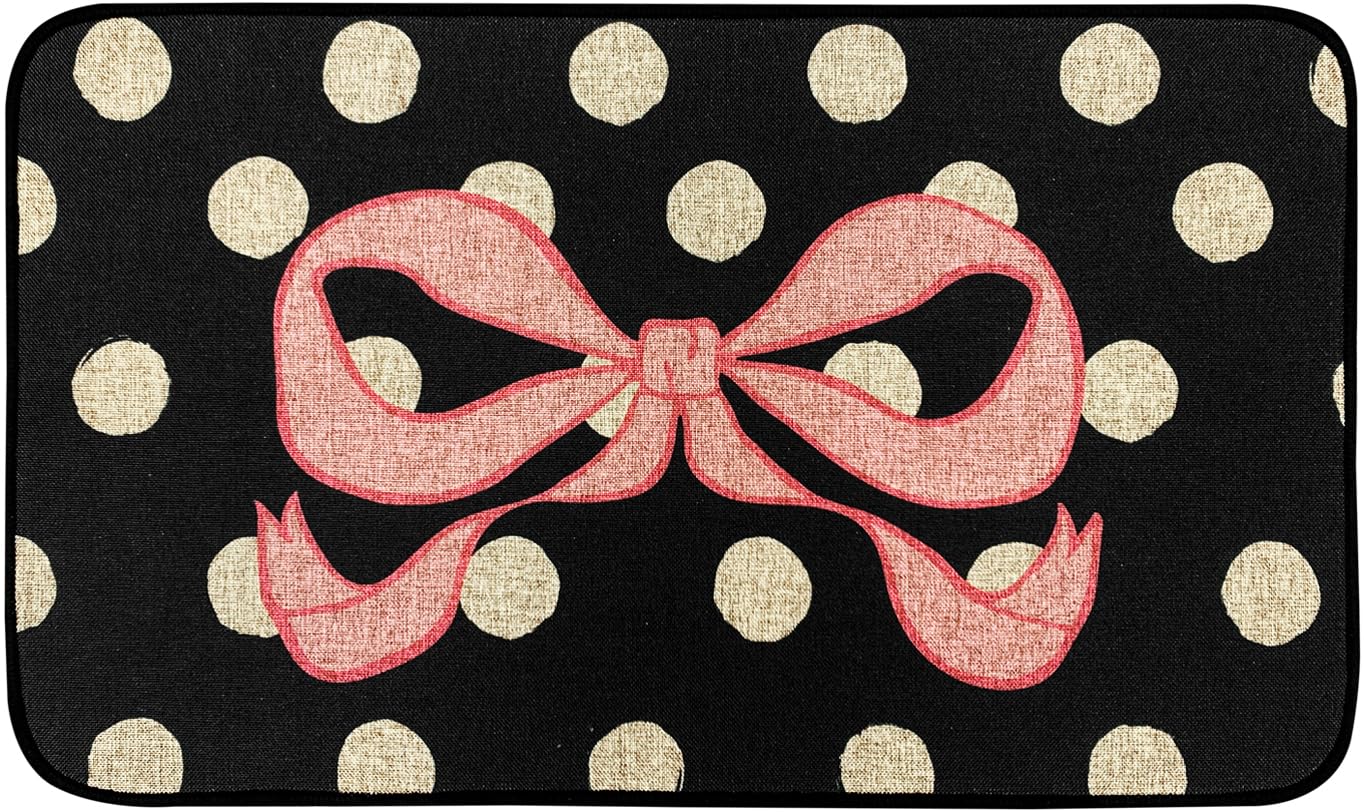 SHIYUE Boho Cute Black Door Mat, Bohemian Outside Entrance Indoor Rug, Polka Dot Kitchen Mat, Non-Slip Washable Bath Mat(17X30in Bow)