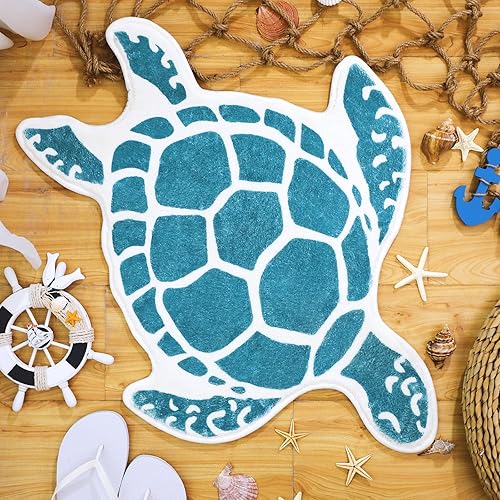 Miniatura 8 de Haull Tapetes de baño de tortuga para baño, playa, antideslizantes, diseño de tortuga azul, cubierta lavable, alfombra de suelo con temática de mar