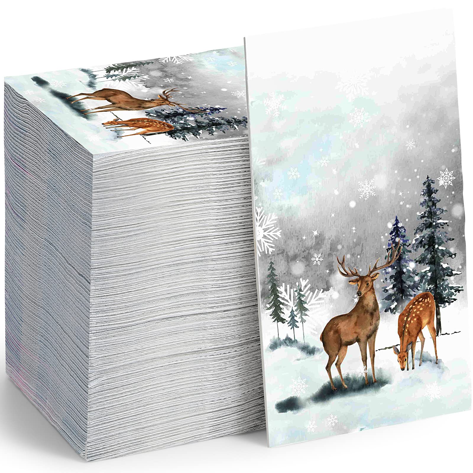 100 Pcs Christmas Napkins Disposable Christmas Guest Towels Merry Christmas Watercolor Pine Forest Elk Paper Cocktail Napkins Dinner Napkin for Winter Holiday Lunch Xmas Decor New Year Party Supplies