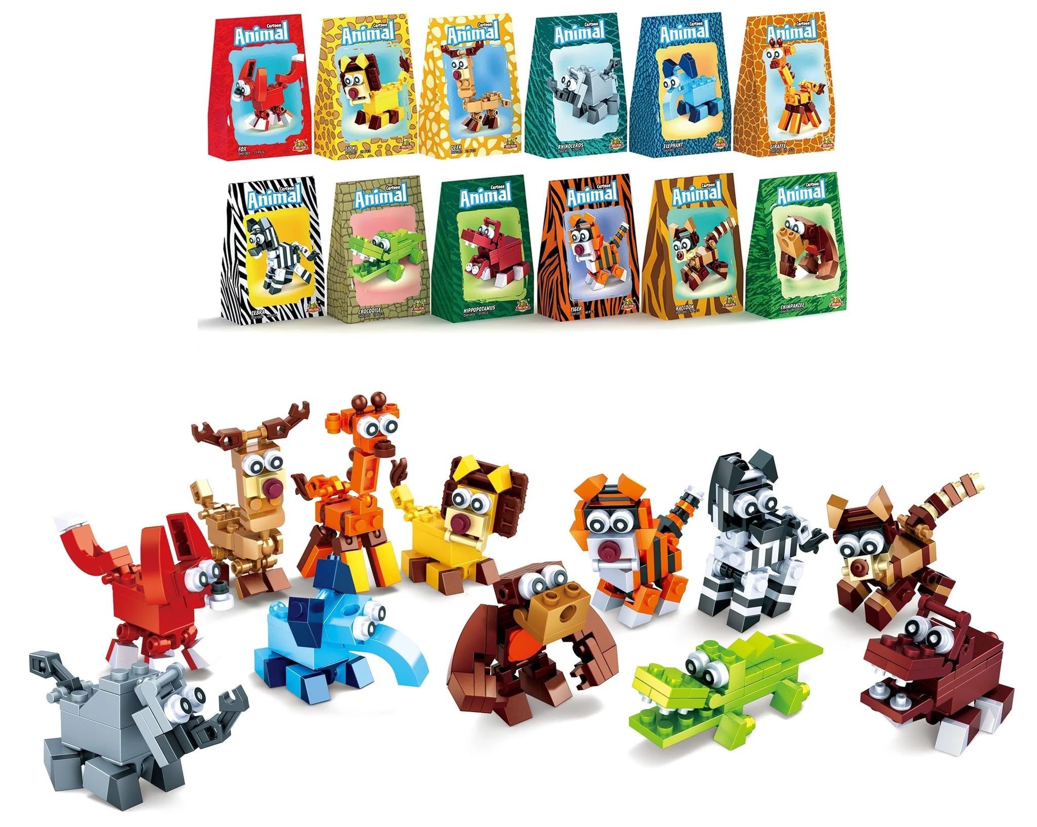 Construction Building Bricks Sets - 12 Jungle Animal Blocks Sets that are individually boxed. Comes with 30 Assorted Individual Stickers.