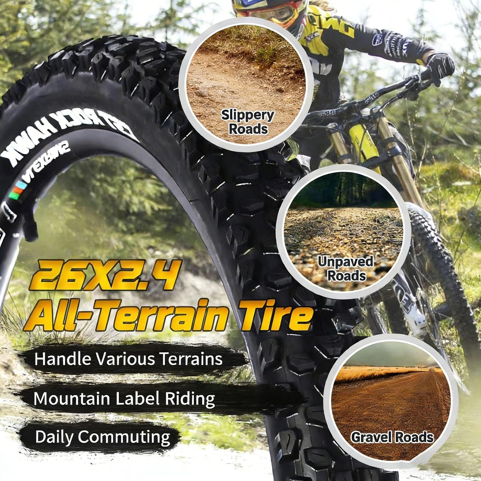 26x2.4 Opona Rowerowa Odporna na Przebicia, Bez Wewnętrznej Rury | Opona Terenowa do Gruzu i Off-Road z Grubą Ścianką Boczną i Niskim Oporem Toczenia dla Codziennego Użytku