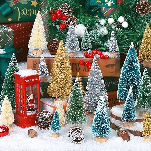 Miniatura 8 de 30 piezas de mini decoración de árbol de Navidad, árbol de Navidad artificial, 5 tamaños, mini árboles de escarcha de nieve de sisal con base de