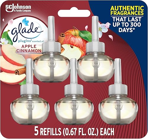Glade PlugIns - Repuestos de ambientador, aceites esenciales perfumados para el hogar y el baño, aroma Apple Cinnamon, 3.35onzas líquidas, 5unidades
