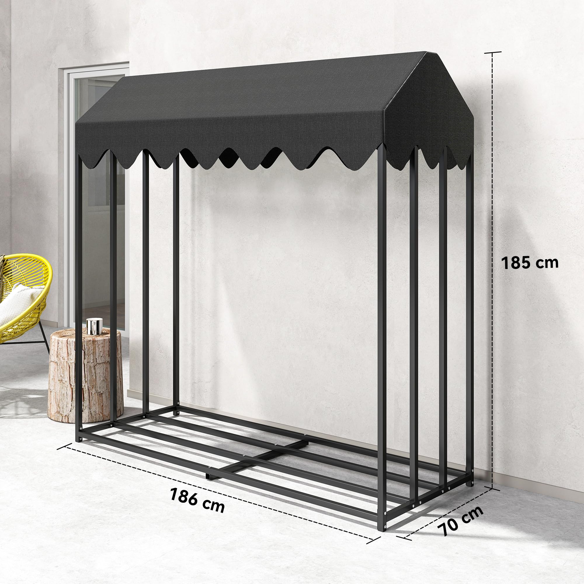 Outsunny Range bûches extérieur en acier 186 x 70 x 185 cm grande capacité 1,9 m³, étagère à bûches avec abri bois de chauffage et housse de protection 600D Oxford noir