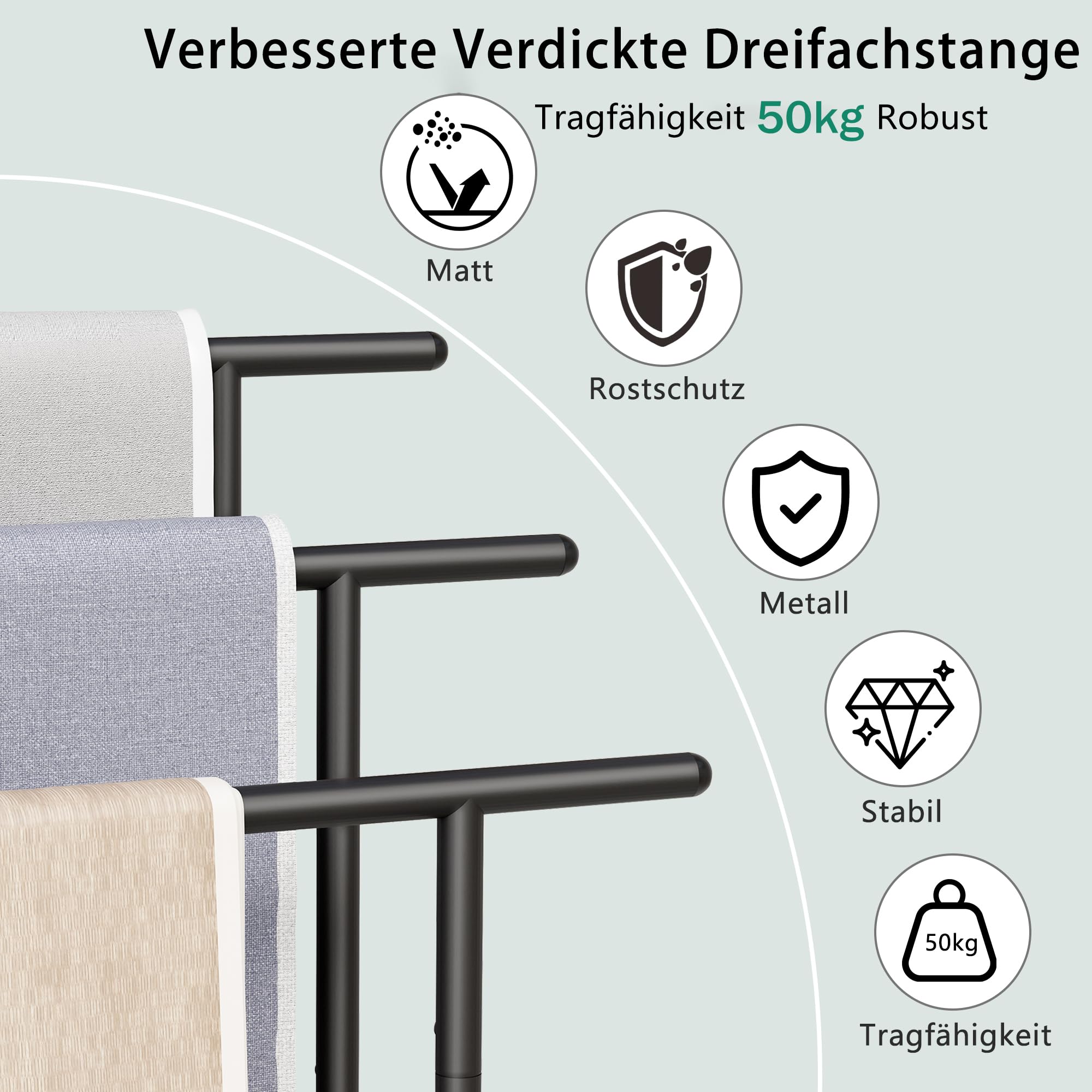 BEWISHOME Handtuchständer,Handtuchhalter stehend mit 3 Handtuchstangen,Handtuchleiter,Badetuchhalter mit Ablagen und verstellbaren Füßen,für Badetücher Handtücher Decken,Schwarz EJMJ02B