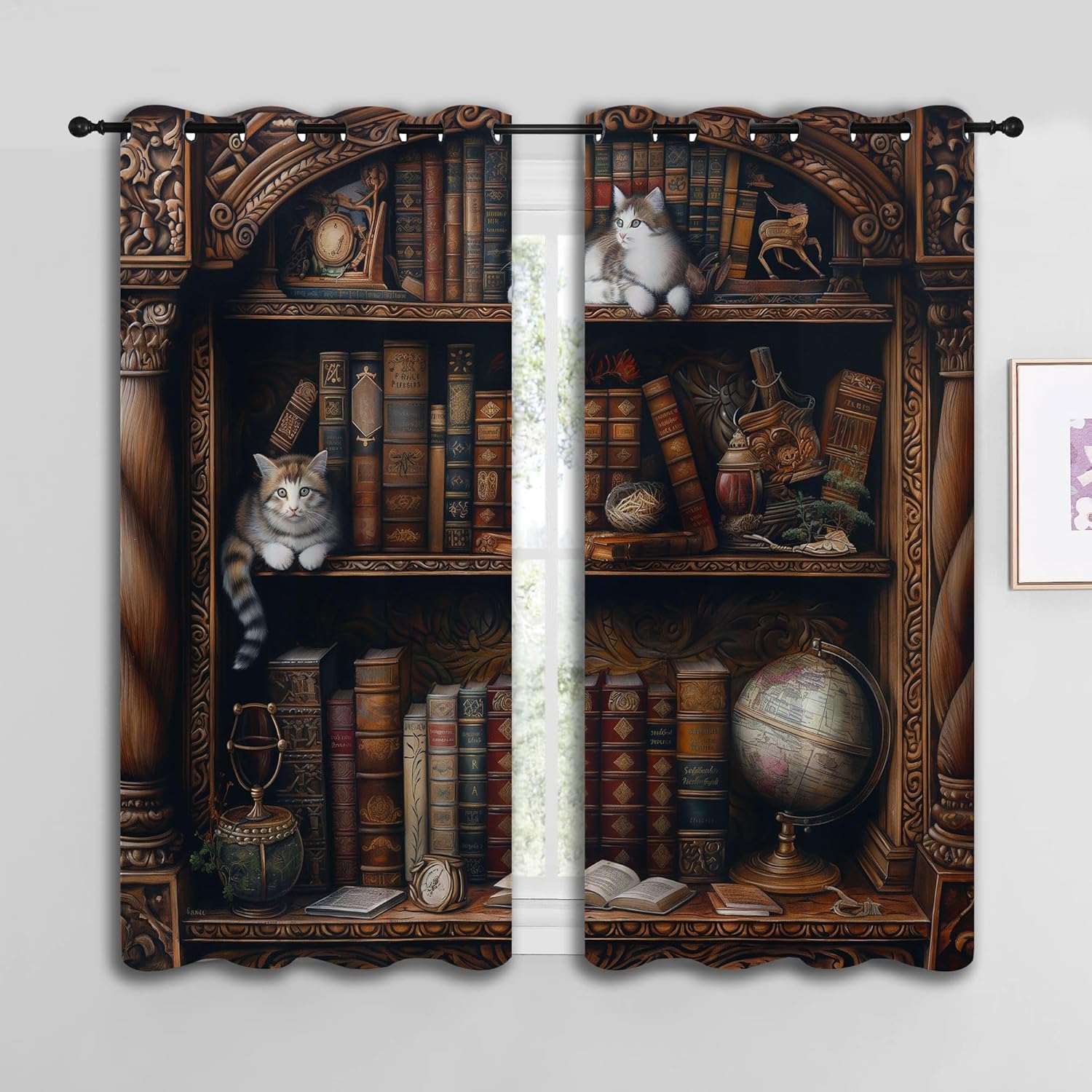LHROOMJK Bookshelf Blackout Curtains for Boys Girl Bedroom Decor,Library Cat Vintage Bookcase Book Antique Thermal Insulated Grommet Drapes Darkening Window Curtain for Living Room Home 42x45 inch
