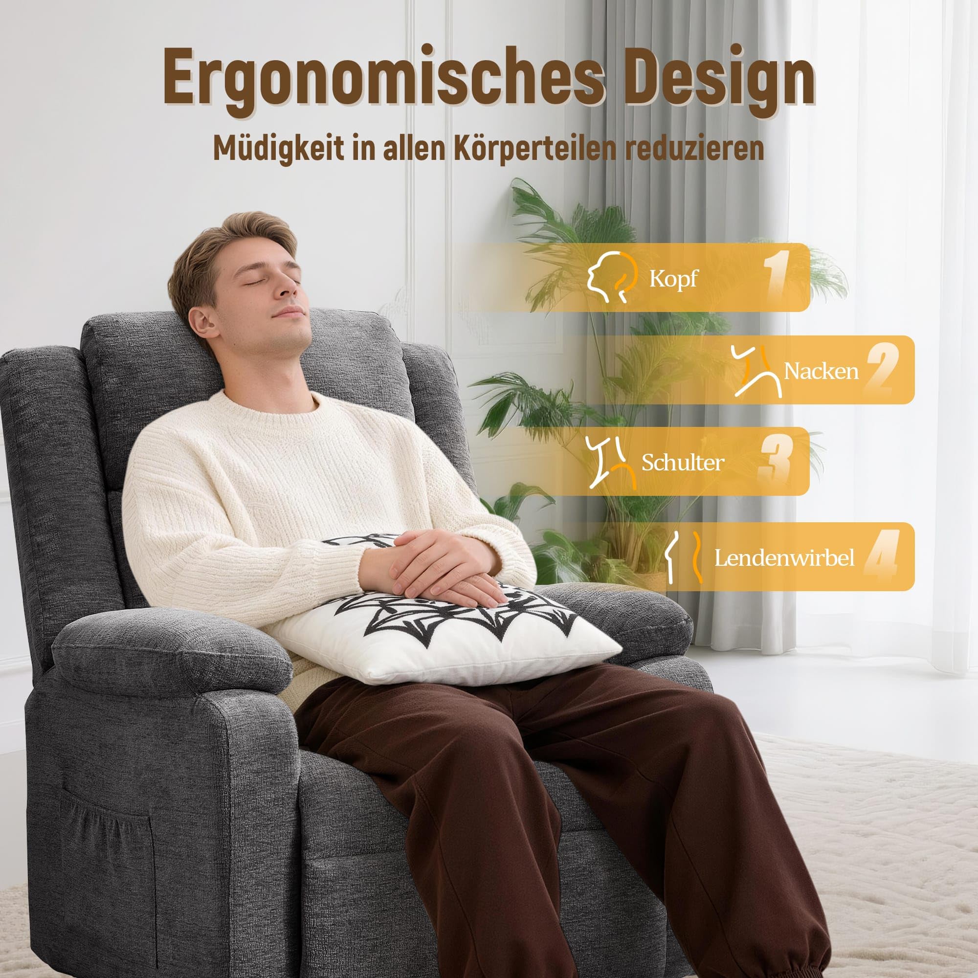 Korser Fernsehsessel Elektrisch Verstellbar für Erwachsene, Oversized Relaxsessel mit Liegefunktion und Dicken Kissen, TV Sessel aus Chenille-Stoff für Wohnzimmer und Schlafzimmer (Grau)