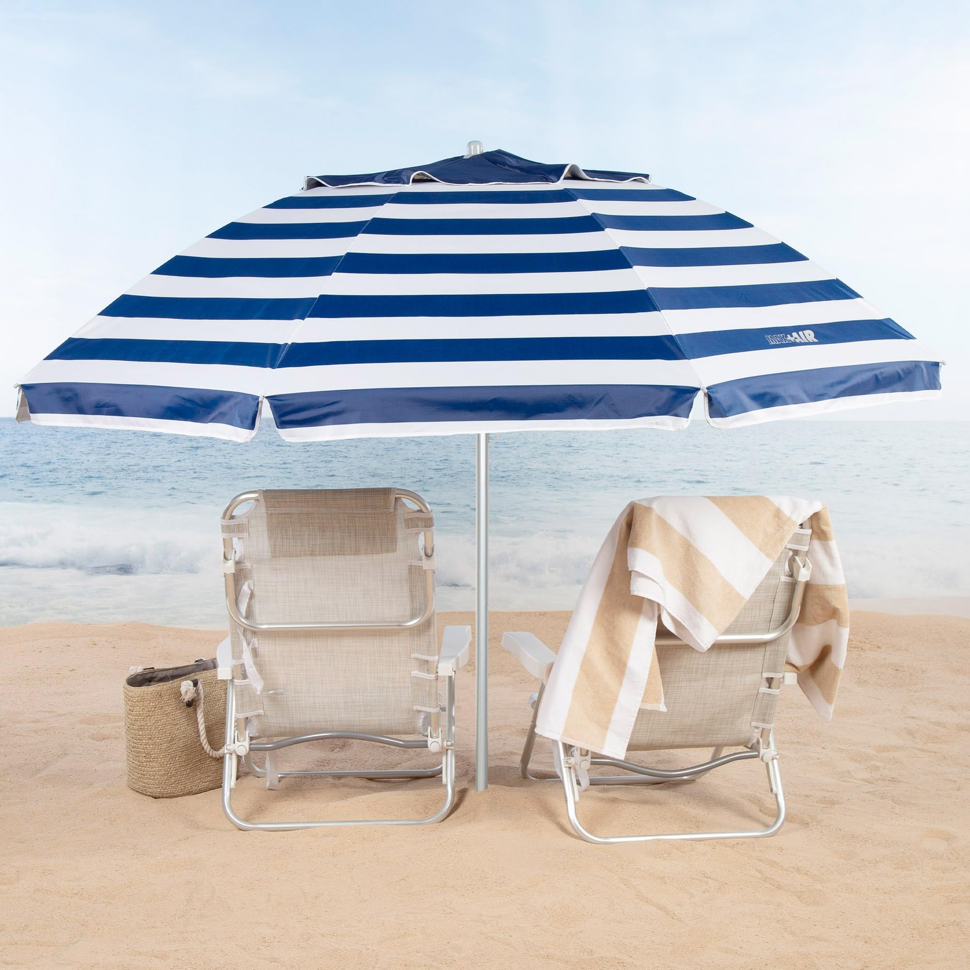 AKTIVE 62404 Ombrellone da spiaggia antivento 240 cm, 8 aste in fibra, protezione UV50, inclinabile, ventilazione Max+Air, manico in metallo 28/32 mm, tessuto Oxford 90 g, con custodia