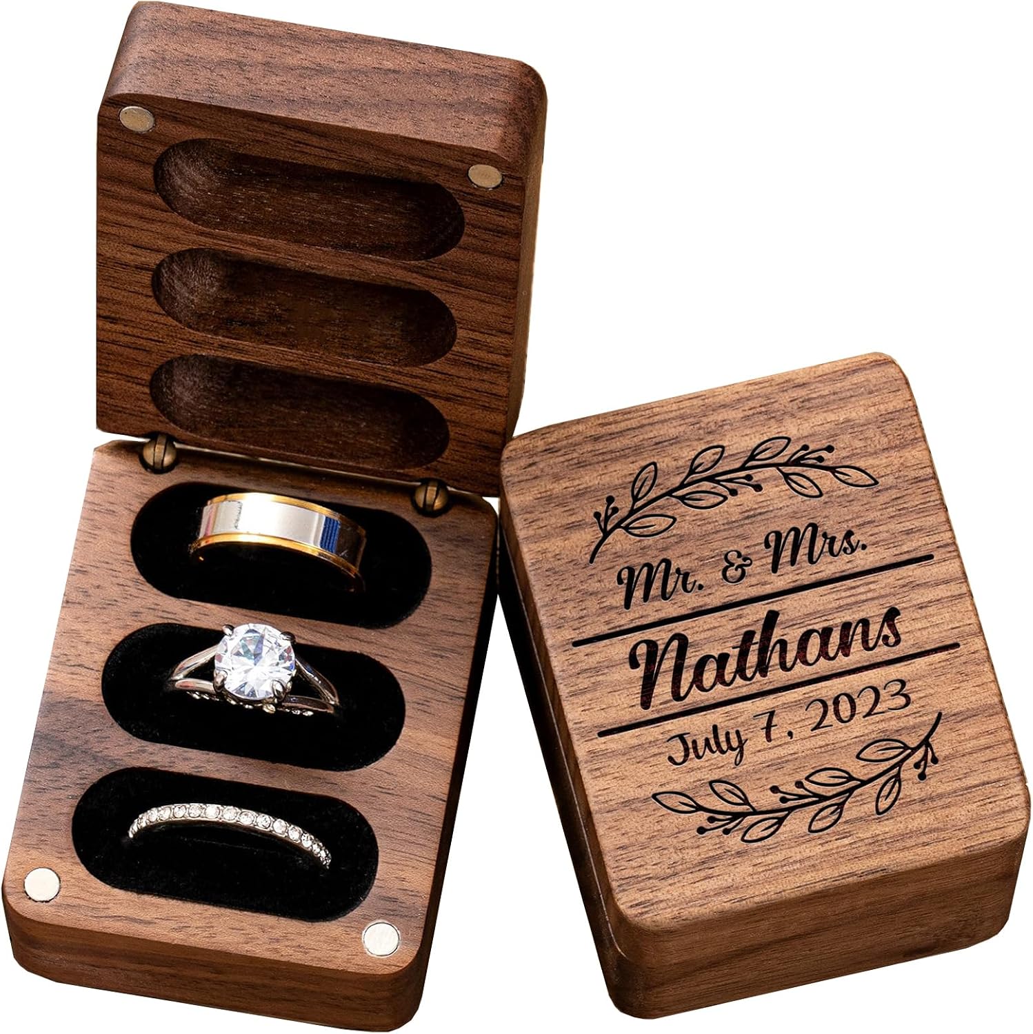 Munidow Wedding Ring Box Personalized 3 slots Boxes for Ceremony Engagement Custom Wooden Mini Rectangle Holder Elegant and Retro Ring Holder Box Organizer with Name & Date