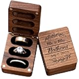 Munidow Wedding Ring Box Personalized 3 slots Boxes for Ceremony, Engagement Custom Wooden Mini Rectangle Holder Elegant and Retro Ring Holder Box/Organizer with Name & Date