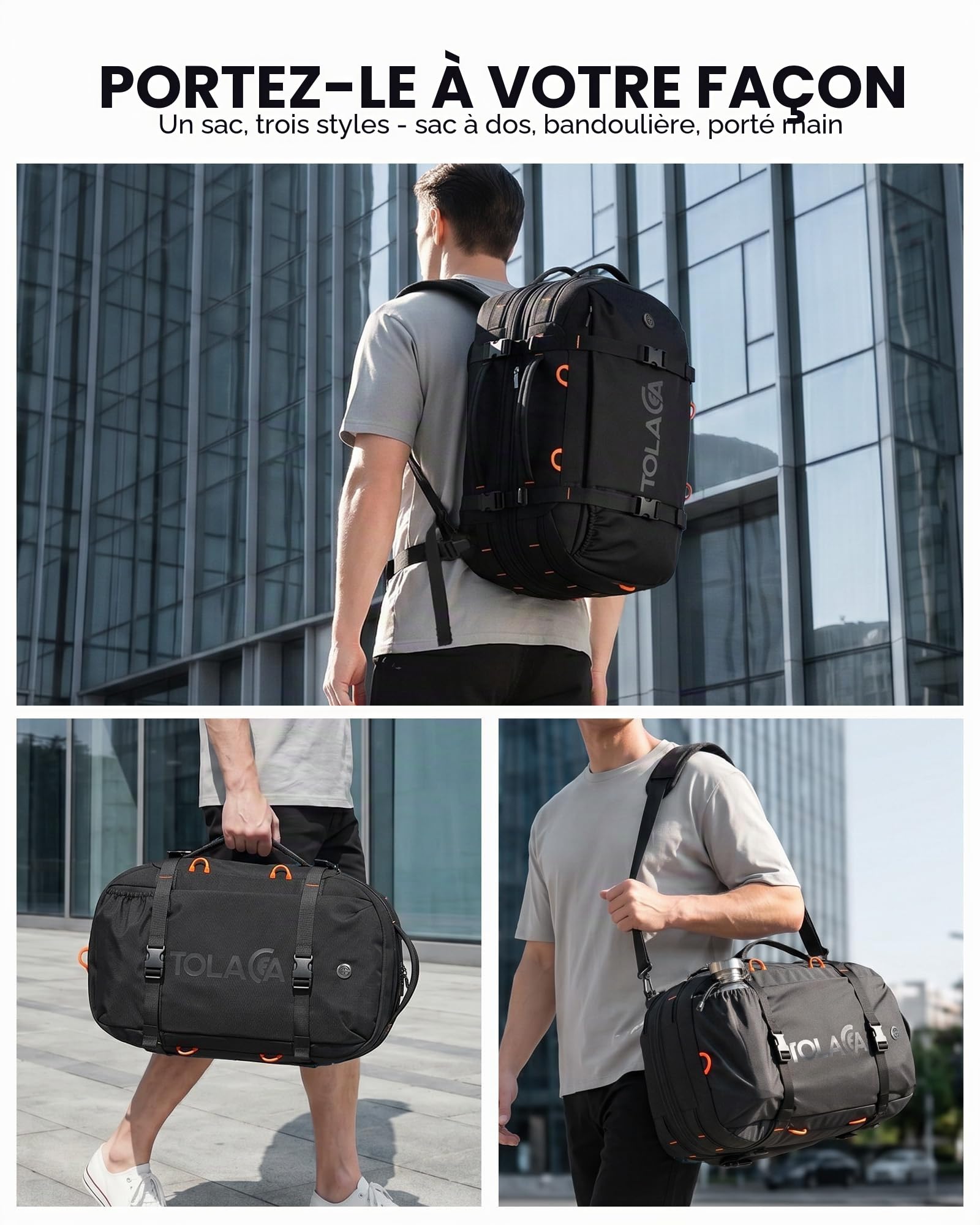 Tolaccea Sac a Dos Voyage Cabine Avion, 40L-50L Grand Sac à Dos Voyage, Pour Ordinateur Portable 15.6 Pouces, Sac Cabine Avion Pour Homme Femme voyages