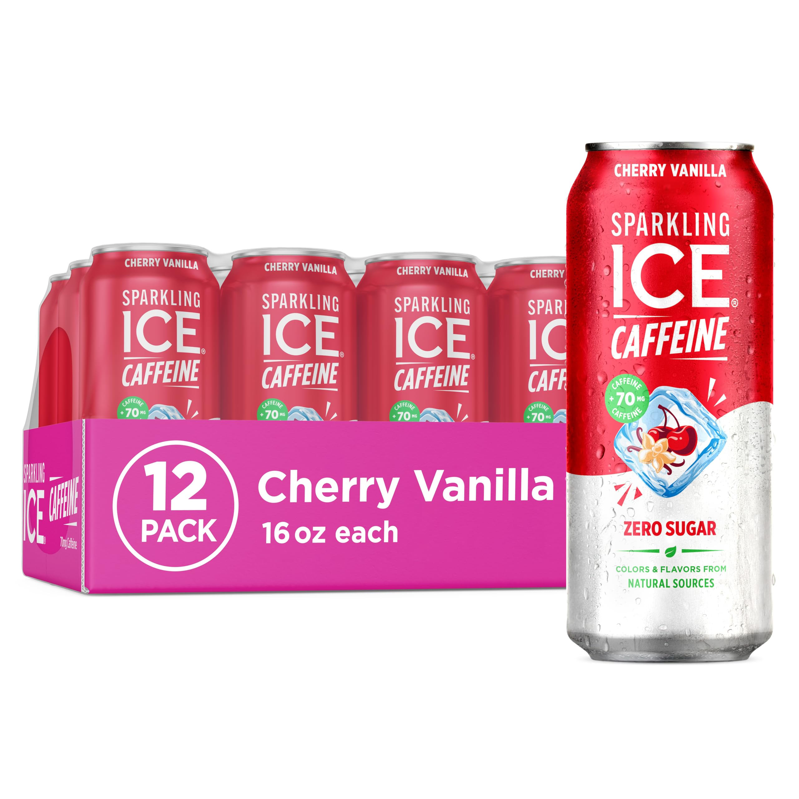 Sparkling Ice Caffeine Cherry Vanilla Sparkling Water with Caffeine, Zero Sugar, with Antioxidants and Vitamins,16 fl oz Cans (Pack Of 12)
