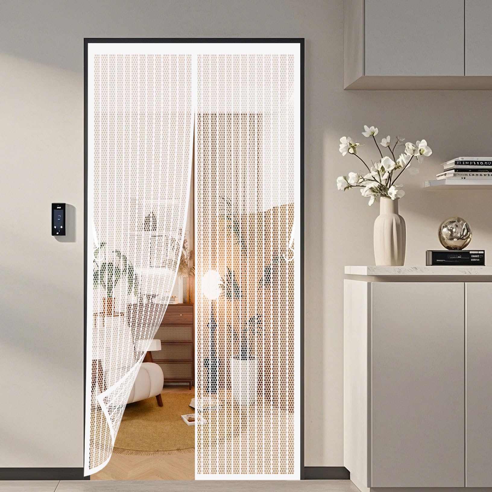 Magnetic Fly Screen Door 111 x 204 cm Self-Closing, Keep Bugs Out Lets Fresh Air in Cat Door Screen Self Sealing No Gap, Pet-Friendly for Home, Office and Store, White