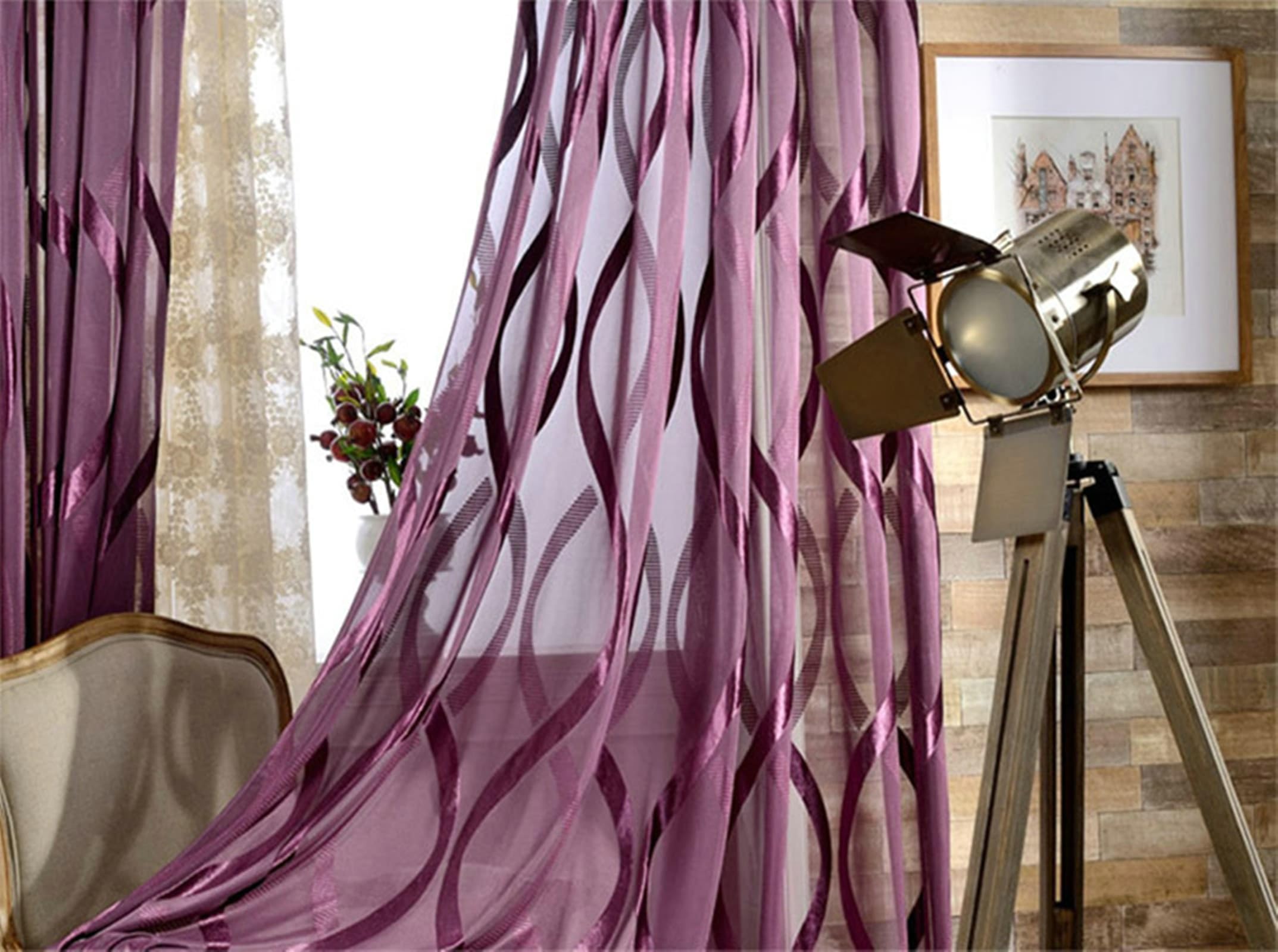 Polyester Transparent Vorhänge Transparent Lila 215 Höhe 2er Set, Moderne Kurz Fenster Gardine Vorhang Schlafzimmer Beflockung Haken, H215 x B140 cm