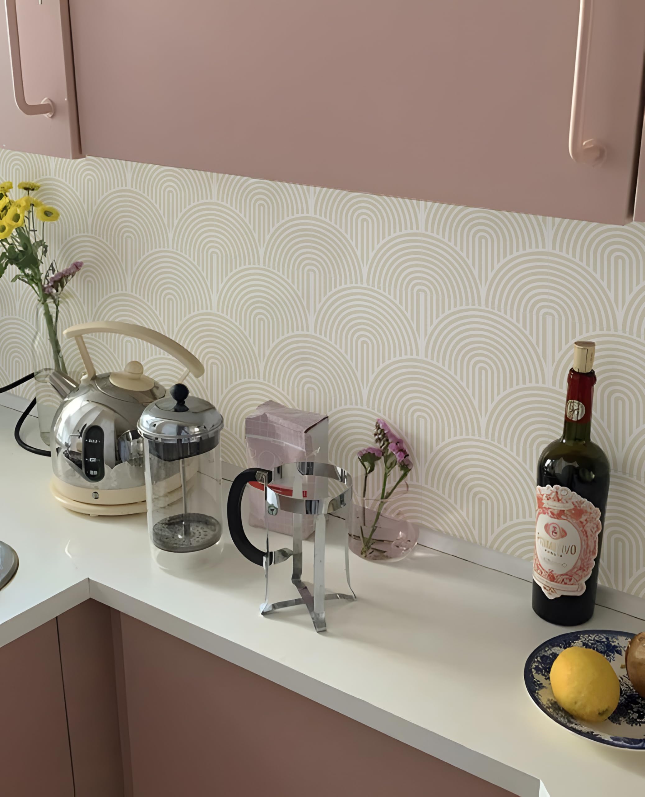 Piastrelle Adesive Cucina Semicerchio Righe Beige Piastrelle Adesive Bagno Impermeabili Pavimento pvc Adesivo Decorazione Mattonelle Adesive Mobili Piastrelle Adesive 30 Pezzi/20x20cm