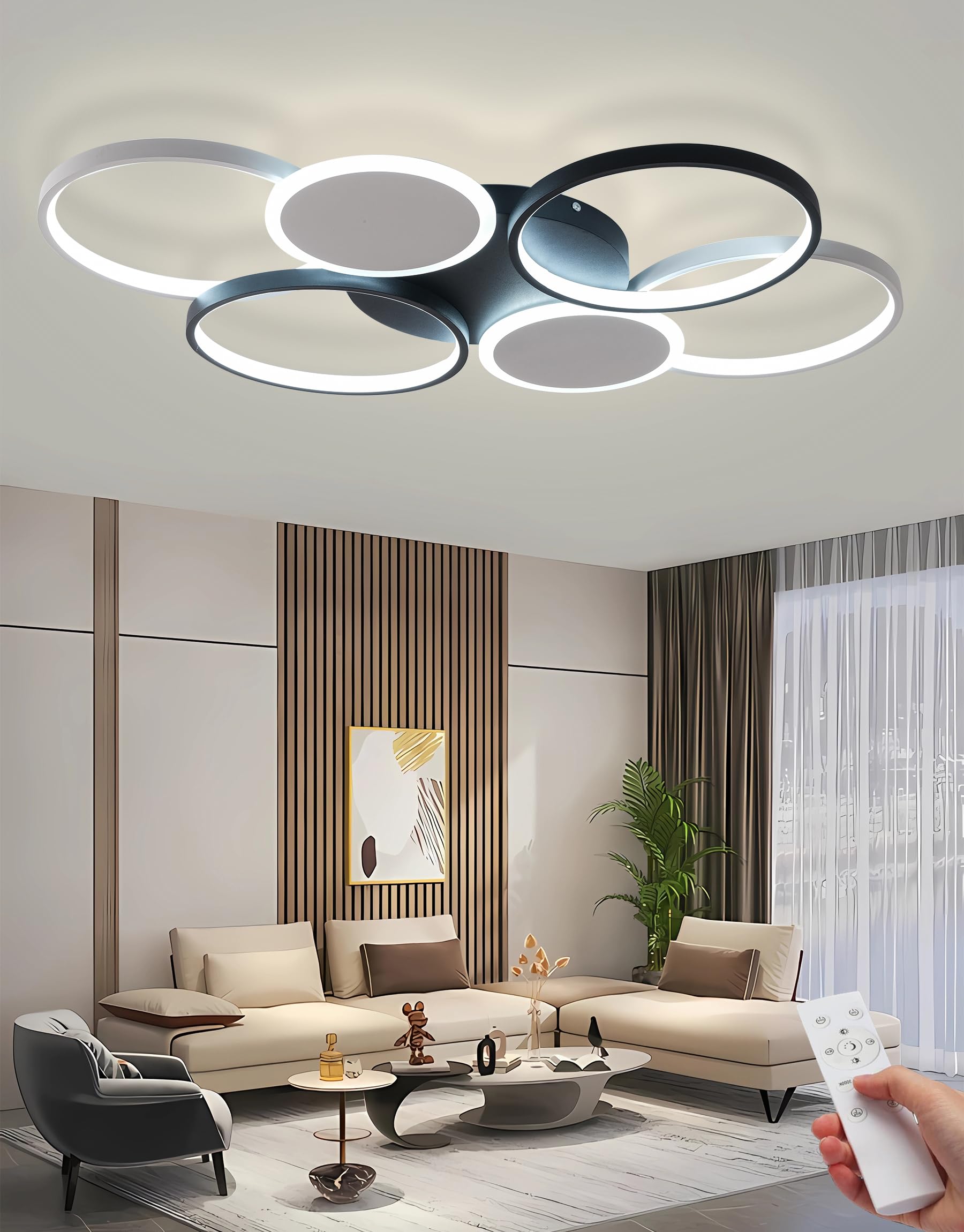QYSMGS LED Modern Rectangular Ceiling Lamp for Living Room, Bedroom, Parlour - Dimmable with Remote Control - Flush Mount - 90cm