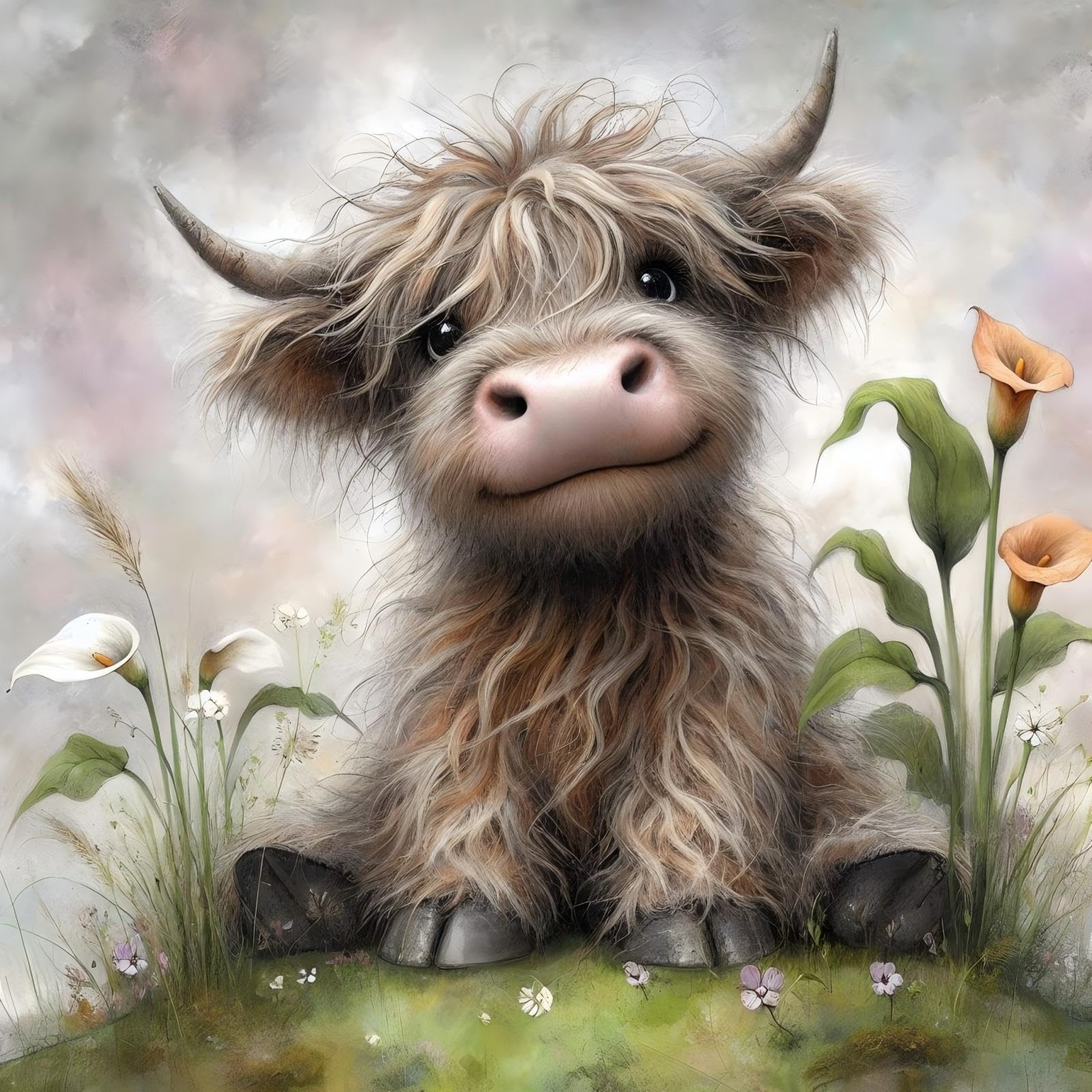 HKLIOPU Stamped Cross Stitch Kit for Adults Beginners, Highland Cow16x16In — image 1