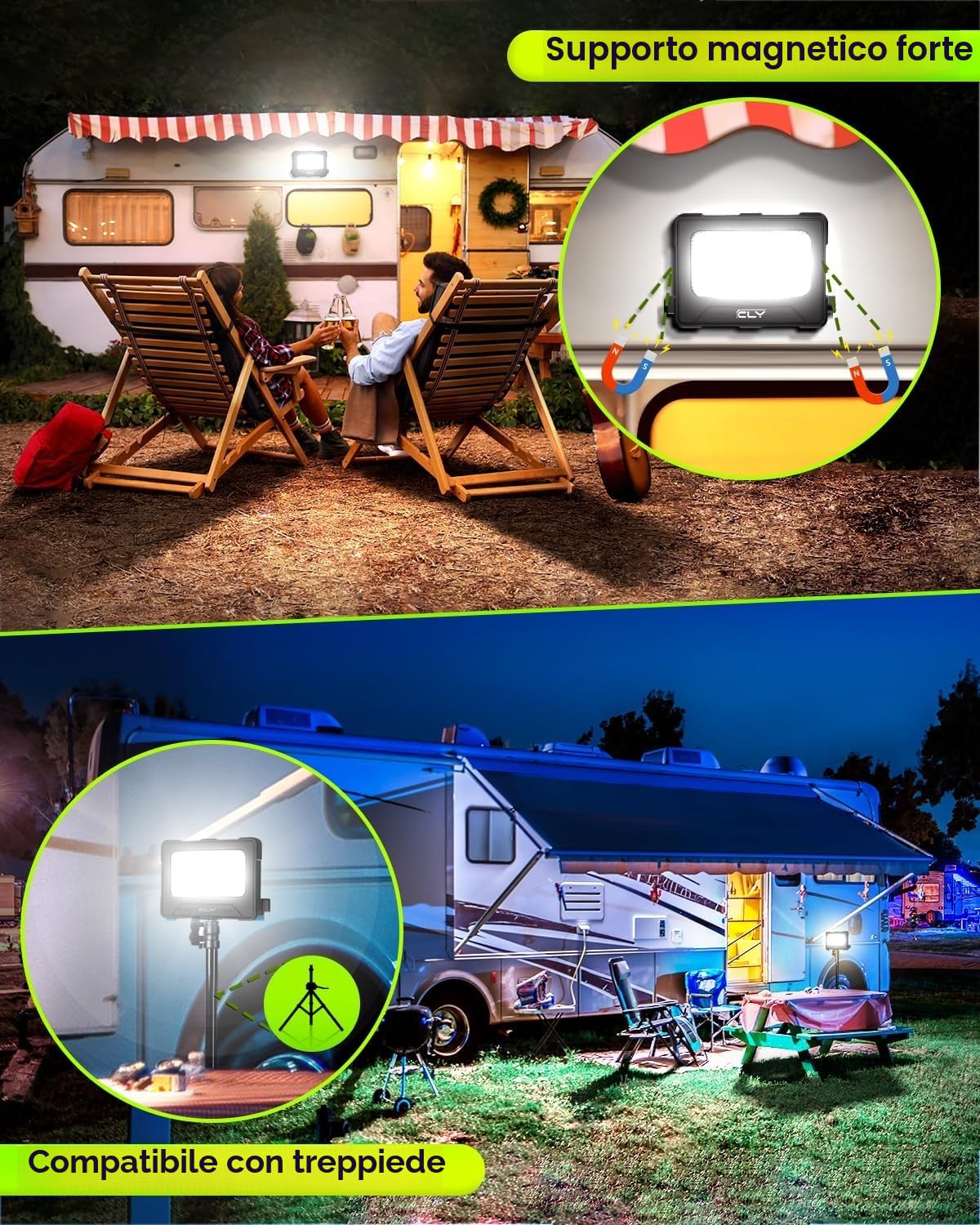 CLV Faro Luce LED Portatile 60W, Faro LED Ricaricabile USB & Solare con 12000mAh Batteria, 4 Modalità di Illuminazione 5 Luminosità, Luci da Lavoro per Cantiere, Garage, Campeggio, Emergenza