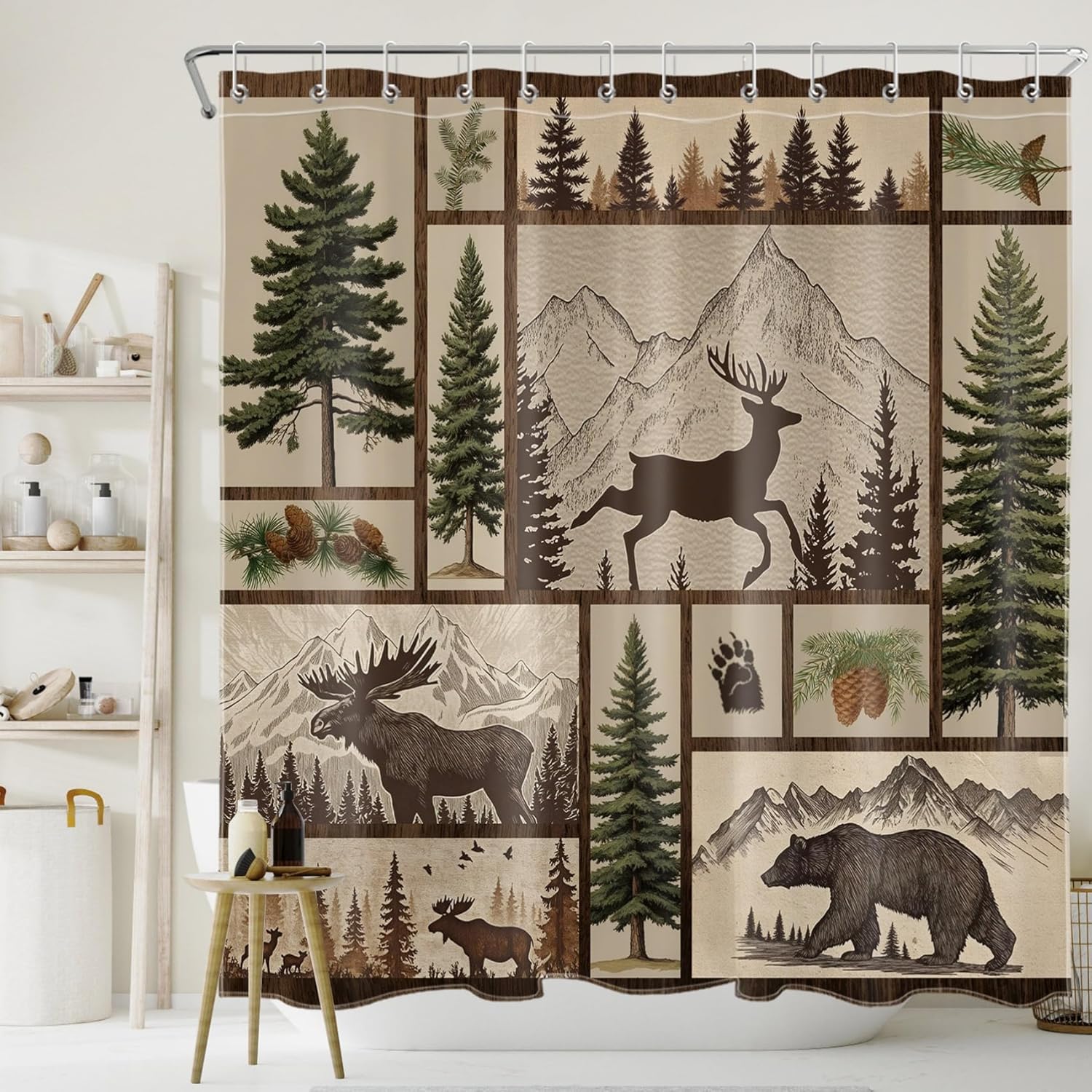 Rustic Farmhouse Cabin Shower Curtain with Hooks, Wild Animal Deer and Bear in Forest Shower Curtain for Bathroom Decor Country Mountain Nature Landscape Bathroom Curtains,72W X 78L Inch