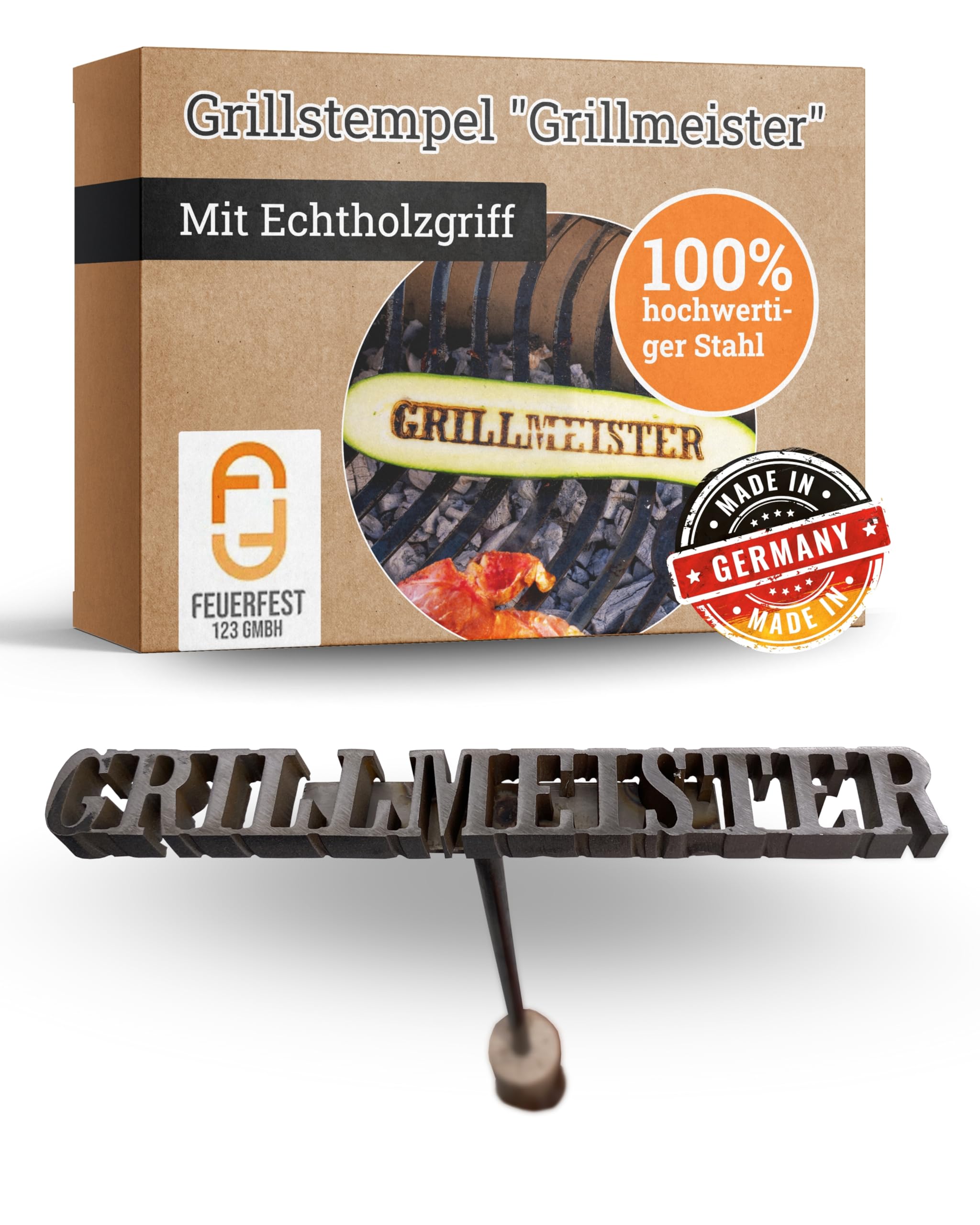 Feuerfest 123 Brennstempel mit Grillmeister-Motiv I 16,3 x 1,9 x 35 cm I Grill-Stempel aus robustem Stahl I Hochwertiger Prägestempel mit Holzgriff I Brandeisen Männer