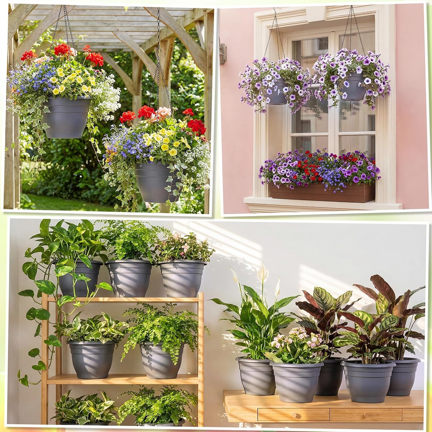20 Pack 10 Inch Plastic Hanging Planter Bulk Gray Hanging Baskets for Plants with Drainage Trays Self Watering Plant Pot Outdoor Indoor Planter for Garden, Balcony, Porch, Patio Decor