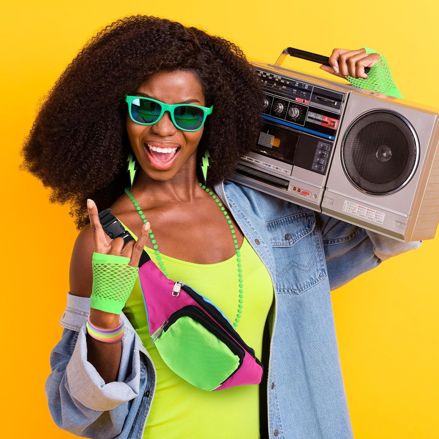 Handepo 19 Pcs 80s Costume Accessories Set Neon Retro 80s Fanny Pack Hairband Fishnet Gloves Bracelet Earrings Necklace Socks - Image 7