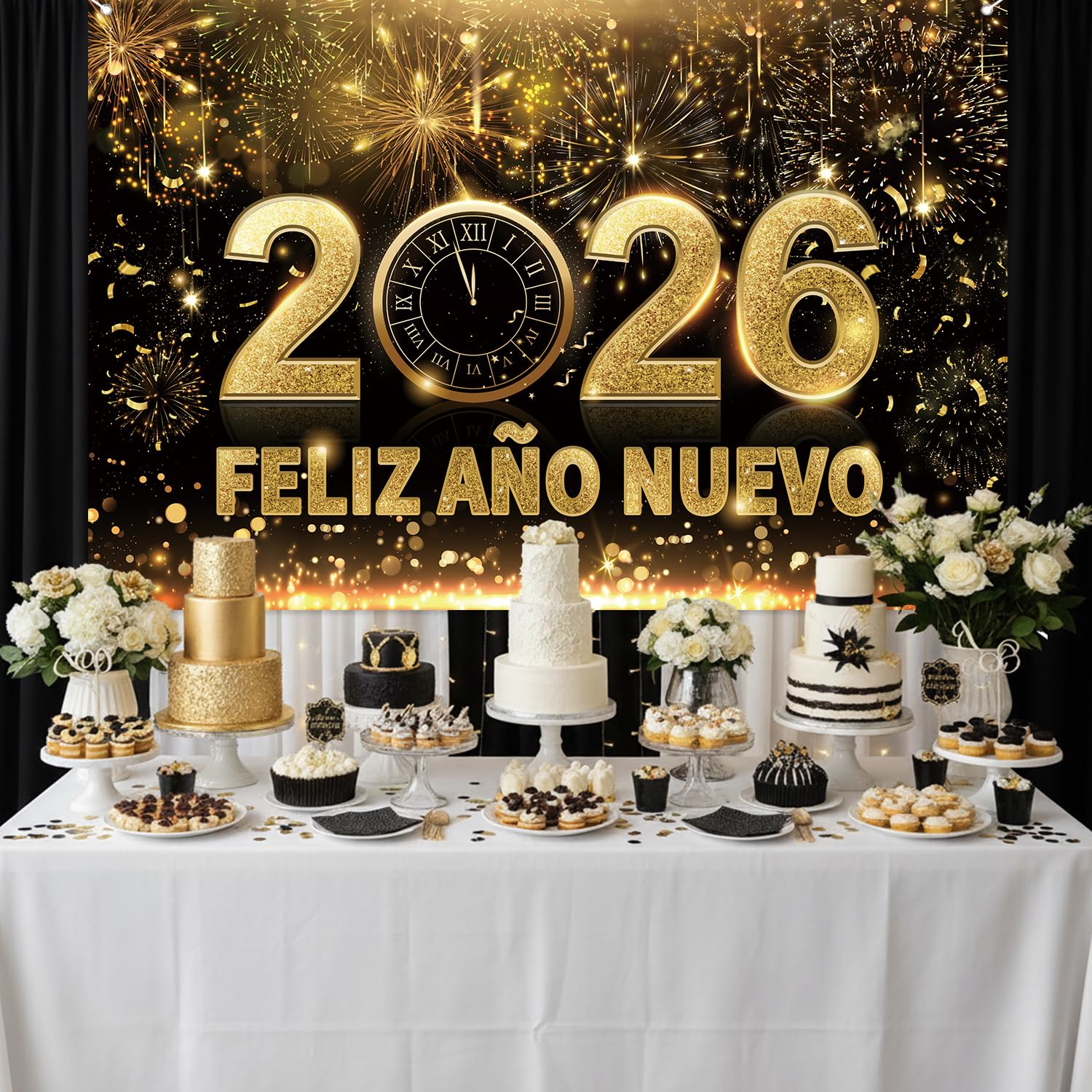 Feliz Ano Nuevo 2026 Banner, Spanish Happy New Years 2026 Decor, New Years Eve Party Supplies 2026, 2026 New Year Decorations, Glitter New Years Eve Party Decorations, Pre-strung - View #2