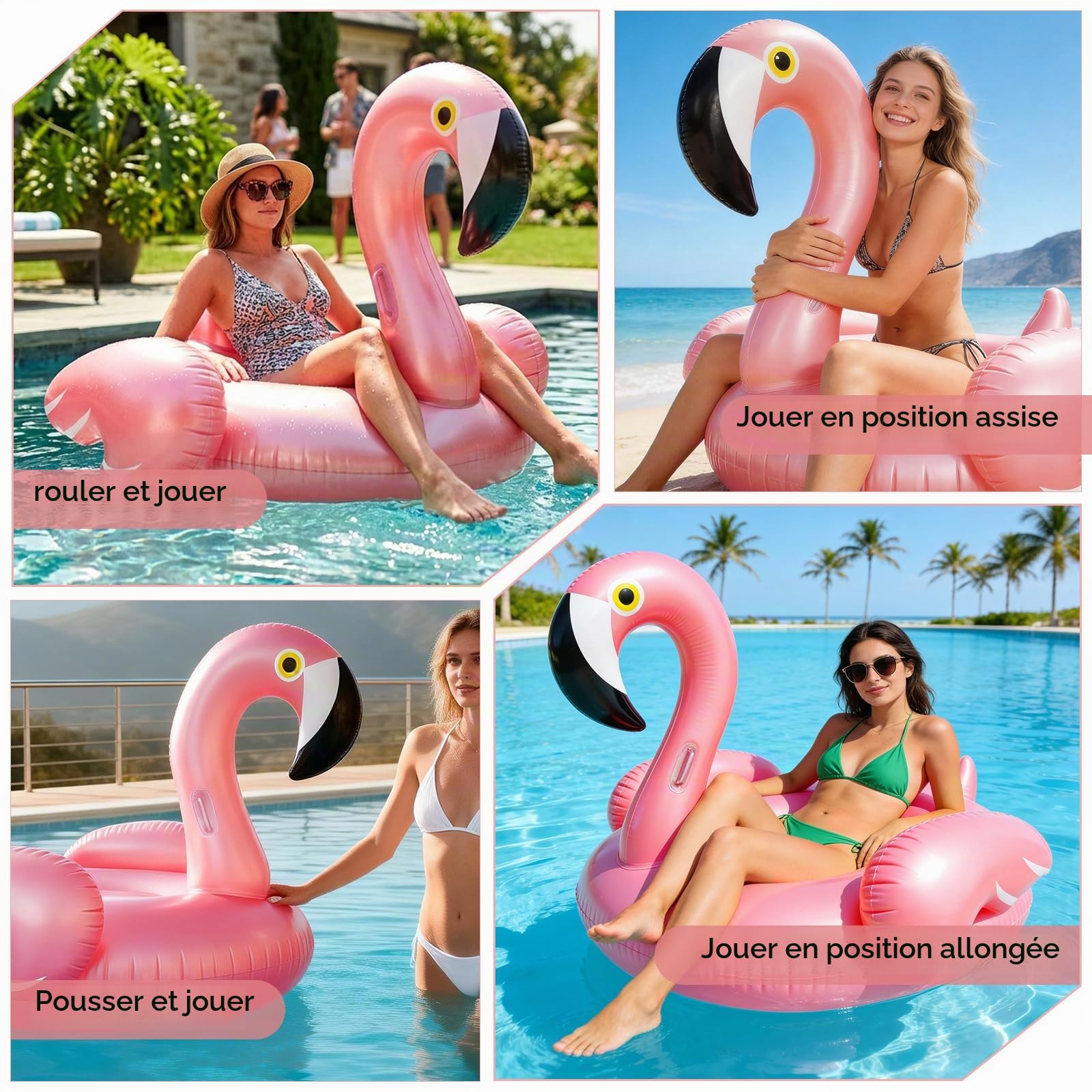 Flotteur de Piscine en Forme de Flamant pour Adultes, 110 × 93 cm Bouée de Natation Flamant Matelas Gonflable en PVC, Poids Maximal de 90 kg pour Estivaux, Rose
