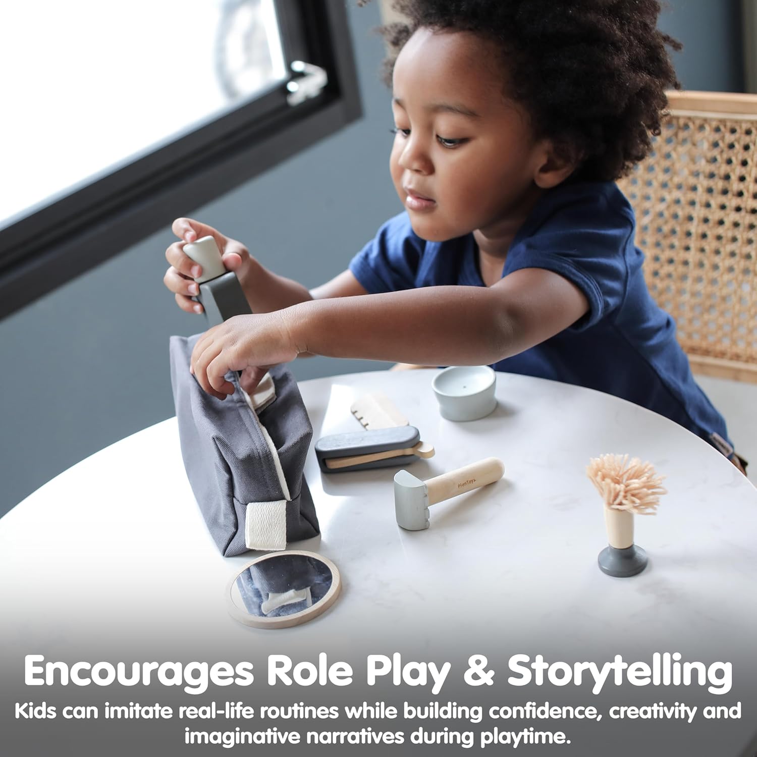 PlanToys® Wooden Pretend Play Grooming Kit for Kids | Montessori Barber Role Play Toy with After-Shave Bottle, Razor, Comb, Brush & More | Eco-Friendly Educational Gift for Toddlers and Preschoolers