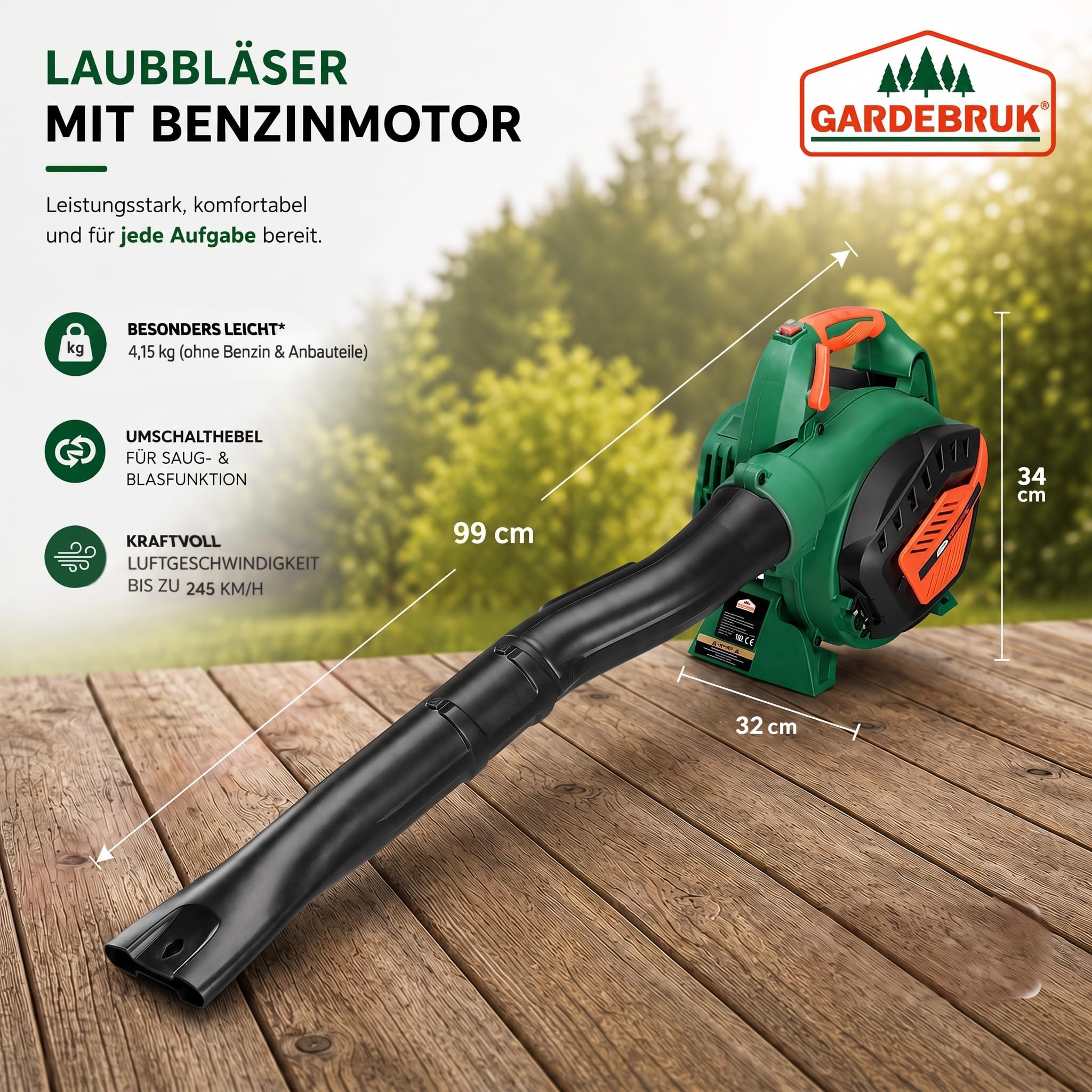 GARDEBRUK® Laubsauger 4 in 1 Benzin Blasgeschwindigkeit 68m/s Fangsack 45L inkl Werkzeug Laubbläser Häcksler Gartensauger