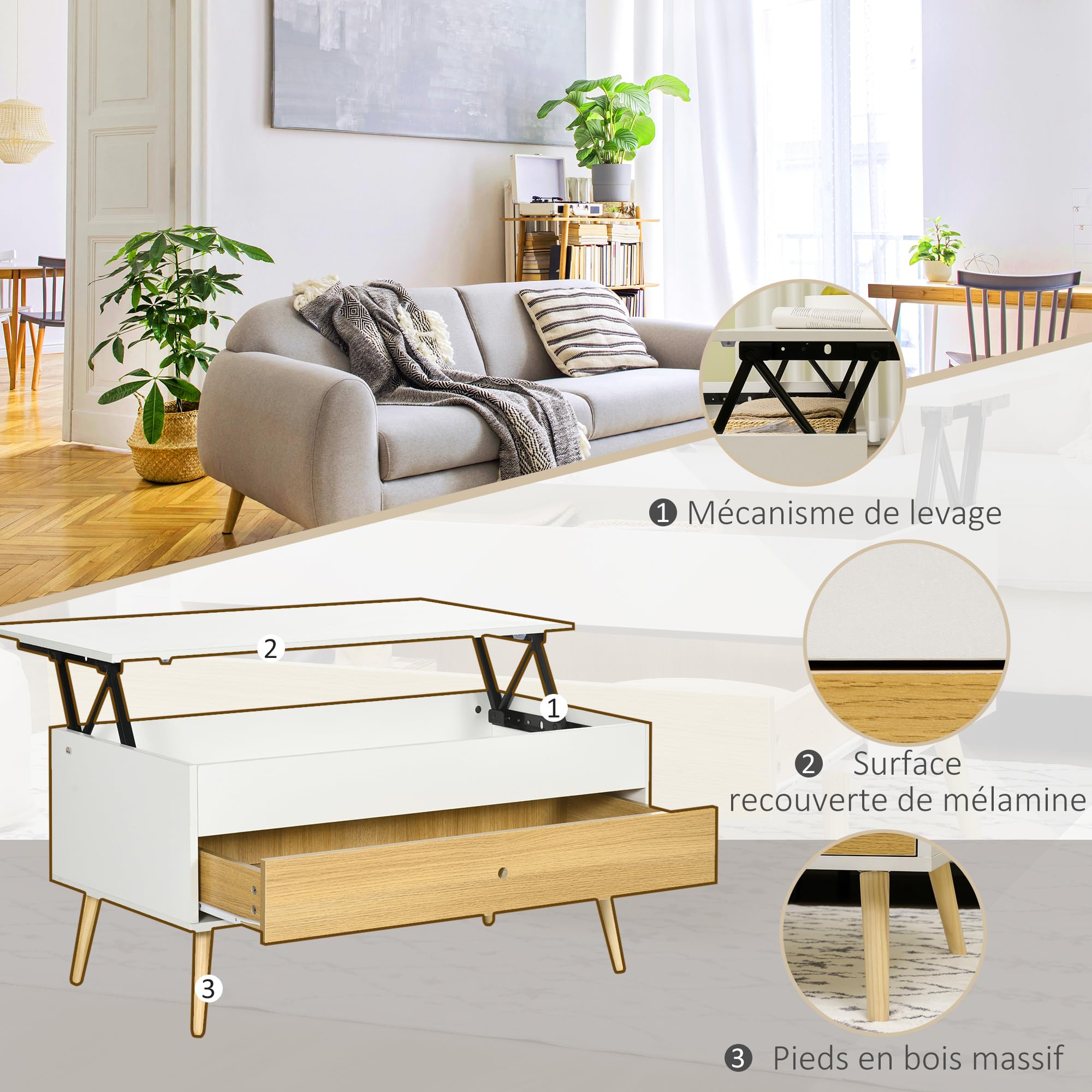Table Basse HOMCOM Table Basse Relevable Avec 2 Rangements Cachés - Style Moderne En Pin Et Finition Chêne - 91x56x43 Cm Table Multifonction Pin