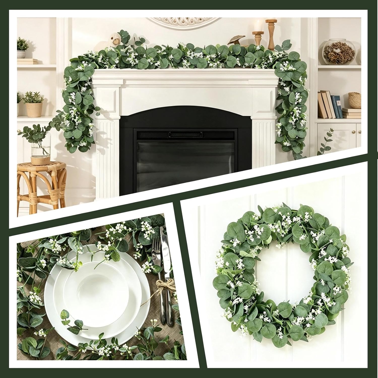 Delphinus 2 Pack Artificial Eucalyptus Garland | Fake Eucalyptus Leaves Vines, For Table Wedding Party, Indoor Outdoor Use, Arch Wall Mantle Room Decoration