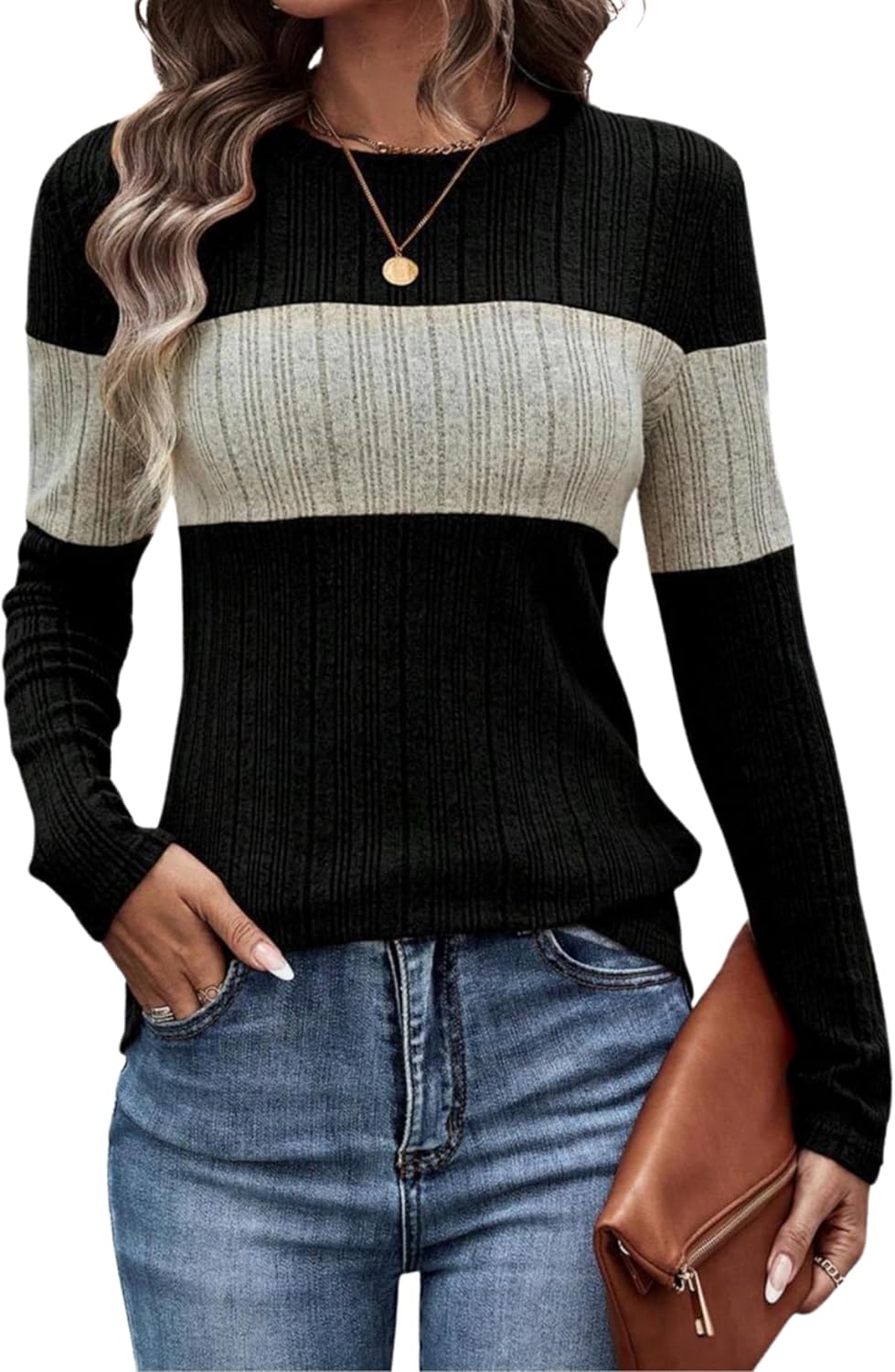 Women's Lightweight Sweater Color Block Striped Long Sleeve Pullover Sweaters Crew Neck Slim Trendy Tops