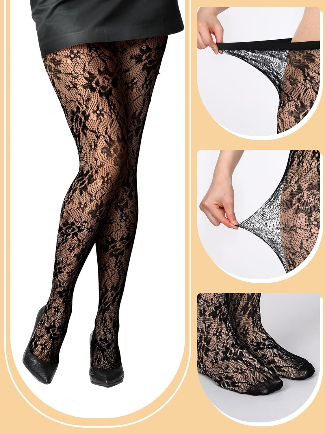 Bencailor 3 Pairs Women Fishnet Stocking Floral Tight Legging Black Stockings Small Hole Pattern High Pantyhose Waist Lace - Image 5