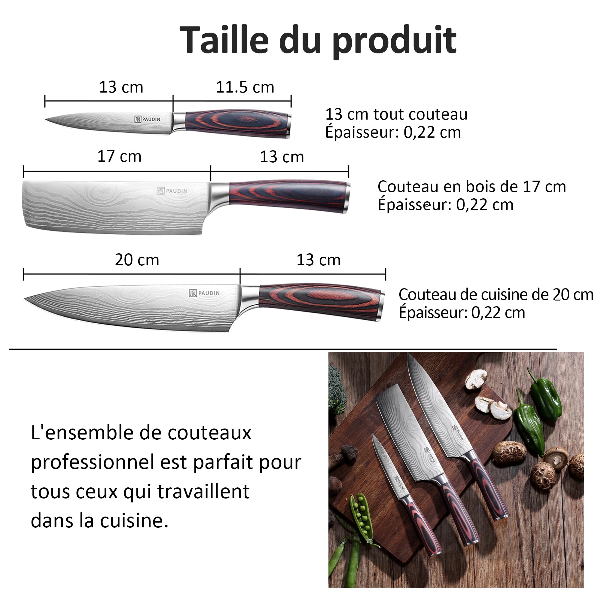 PAUDIN Couteau Cuisine Professionnel Acier Inoxydable Allemand 20cm 17cm 13cm