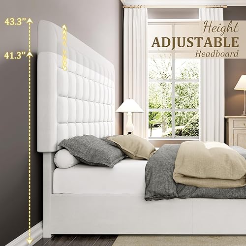 Miniatura 7 de Jocisland Base de cama de tamaño matrimonial con plataforma tapizada elevable debajo de la cama, con cabecero, no necesita somier, color blanco