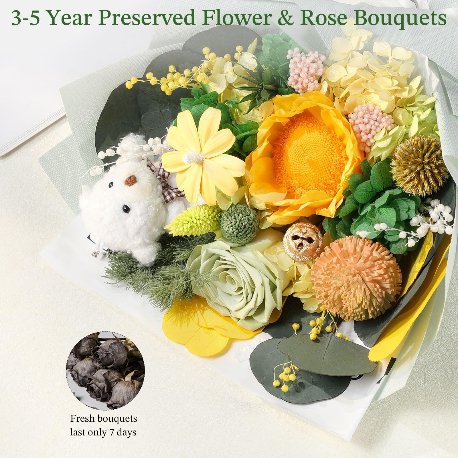 Emibele Bouquet Girasoli Conservati, Fiori per Consegna Prime, Bouquet Fiori Eterni, Compleanno Anniversario San Valentino Festa Mamma Laurea Regali Fiori per Lei Donne Moglie Madre Amiche