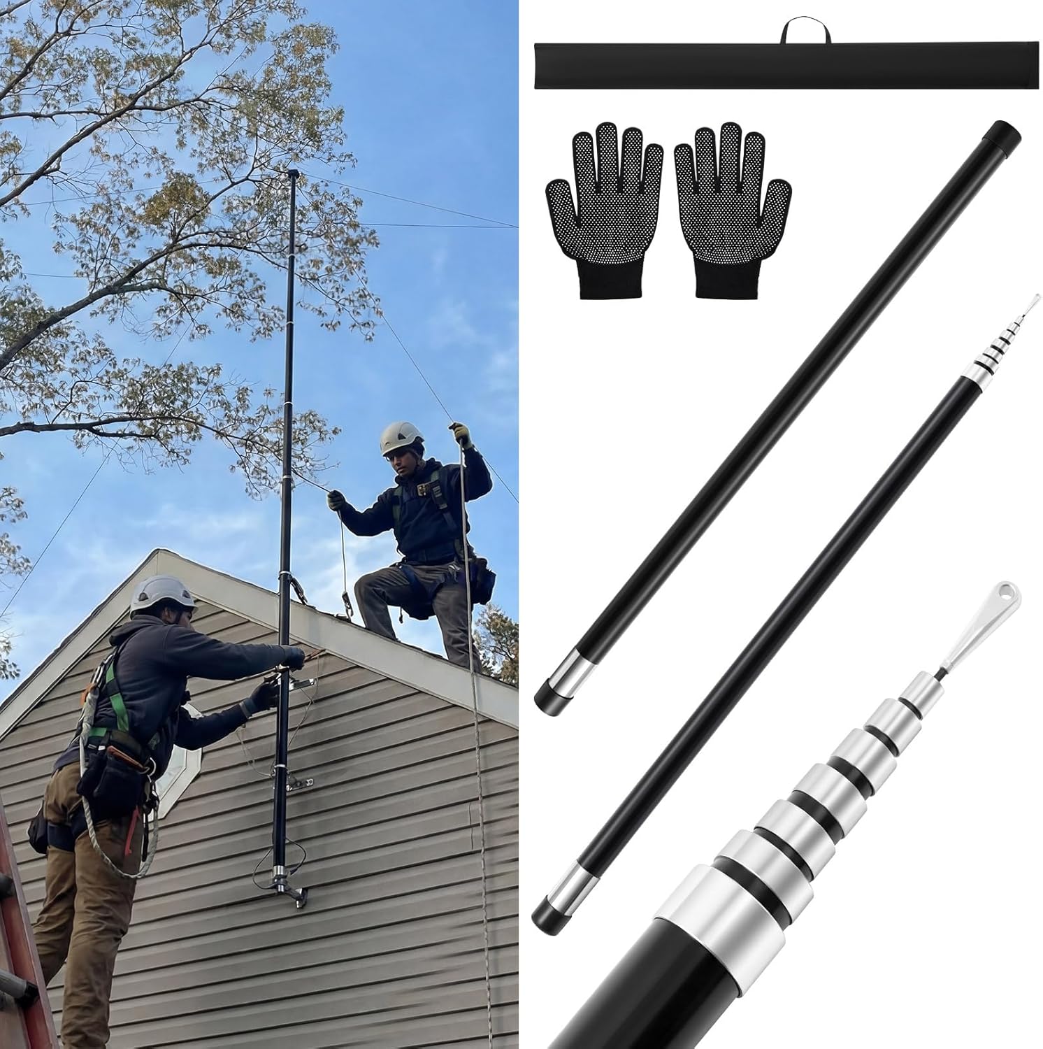 Mifoci 30ft Telescoping Fiberglass Pole Telescoping TV Antenna Tower for Wi-Fi Ham Radio, Windsock Pole, Bird Kite, Flagpole, Lightweight Insulated with Gloves & Storage Bag, Black