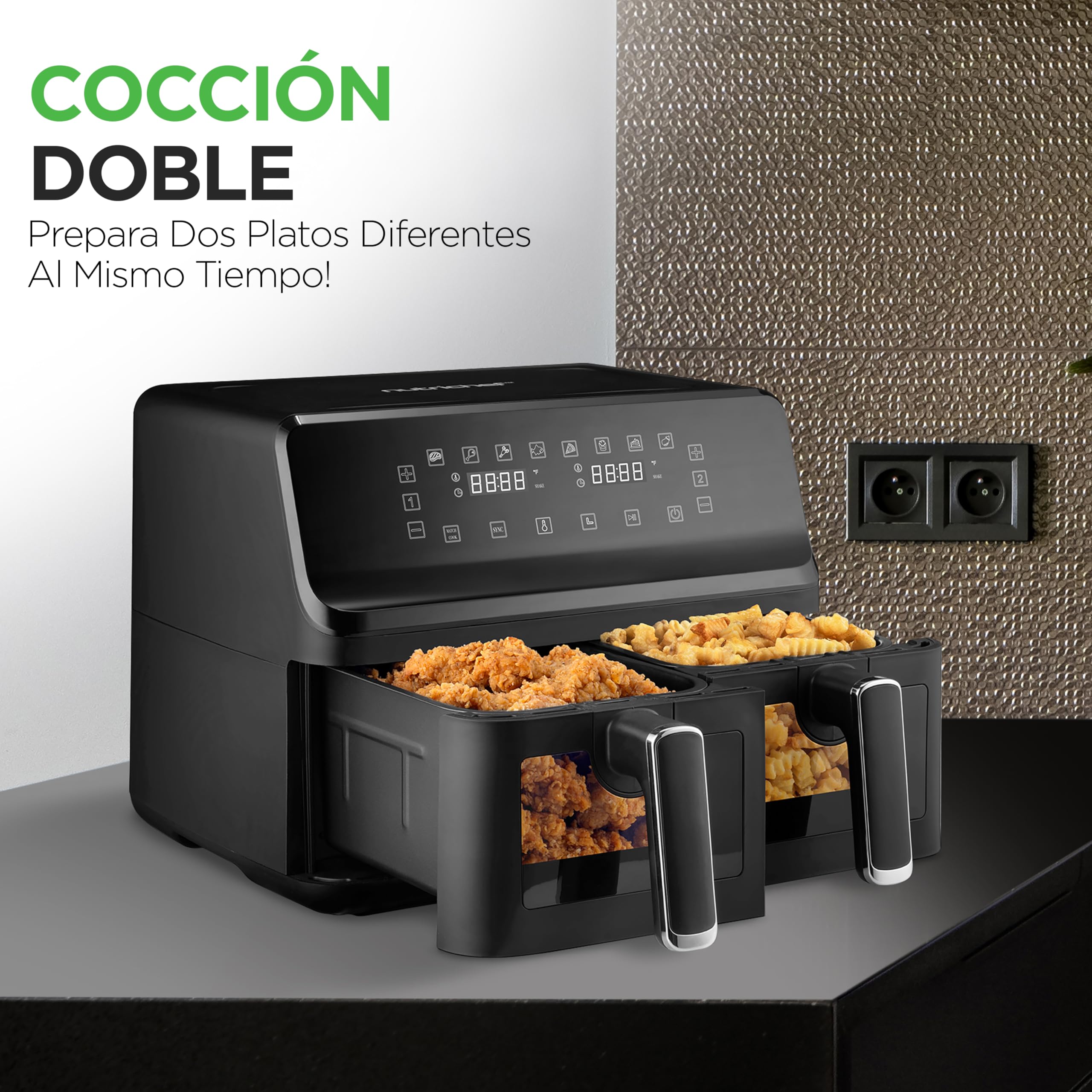 Nutrichef Freidora de Aire, 8.3L, Doble Canasta, Capacidad de 4.1L por Cesta, 9 Modos de Coccion Preestablecidos, Tamaño Familiar