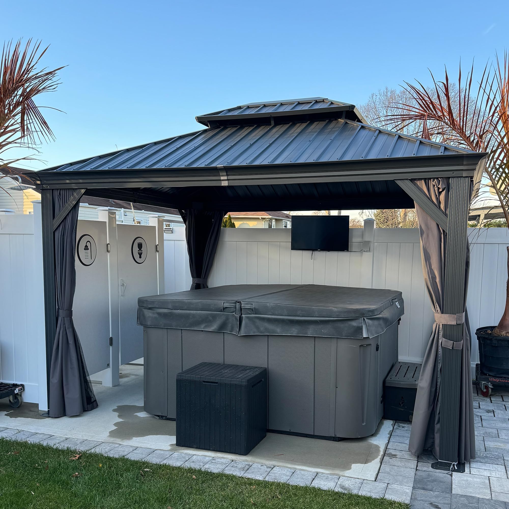 PURPLE LEAF Pergola Tonnelle de Jardin 3,65 × 3 m Toit Rigide Double Acier Galvanisé Gouttière Intégrée Poteaux Renforcés Rideaux Moustiquaire Gris